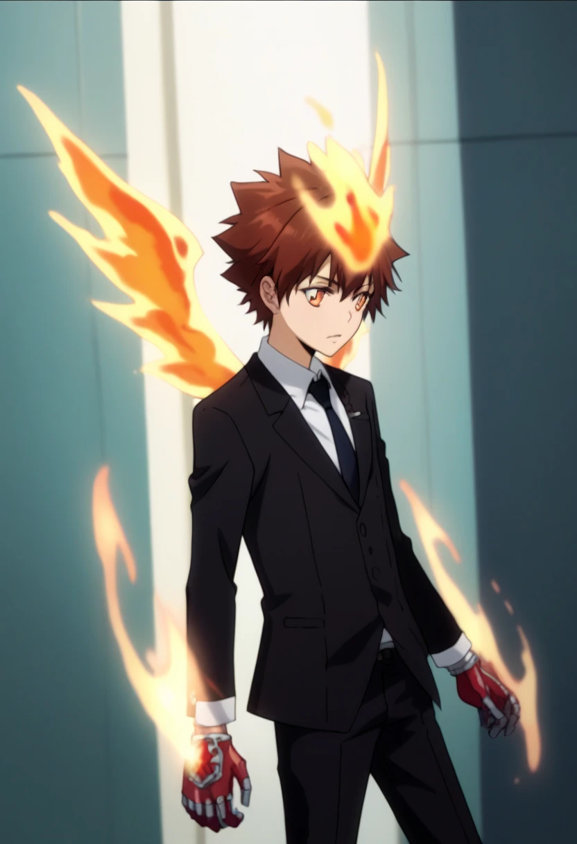 score_9, score_8_up, score_7_up, score_6_up, highly detailed, masterpiece, best quality,detailed,intricate details, amazing quality, best aesthetic, absurdres,source_anime,wearing a black suit,Red metal gloves,Blue crystal on the back of the hand,tsuna_hyper, fire on head, brown hair, orange eyes, fire on hands,Flame wings on his back