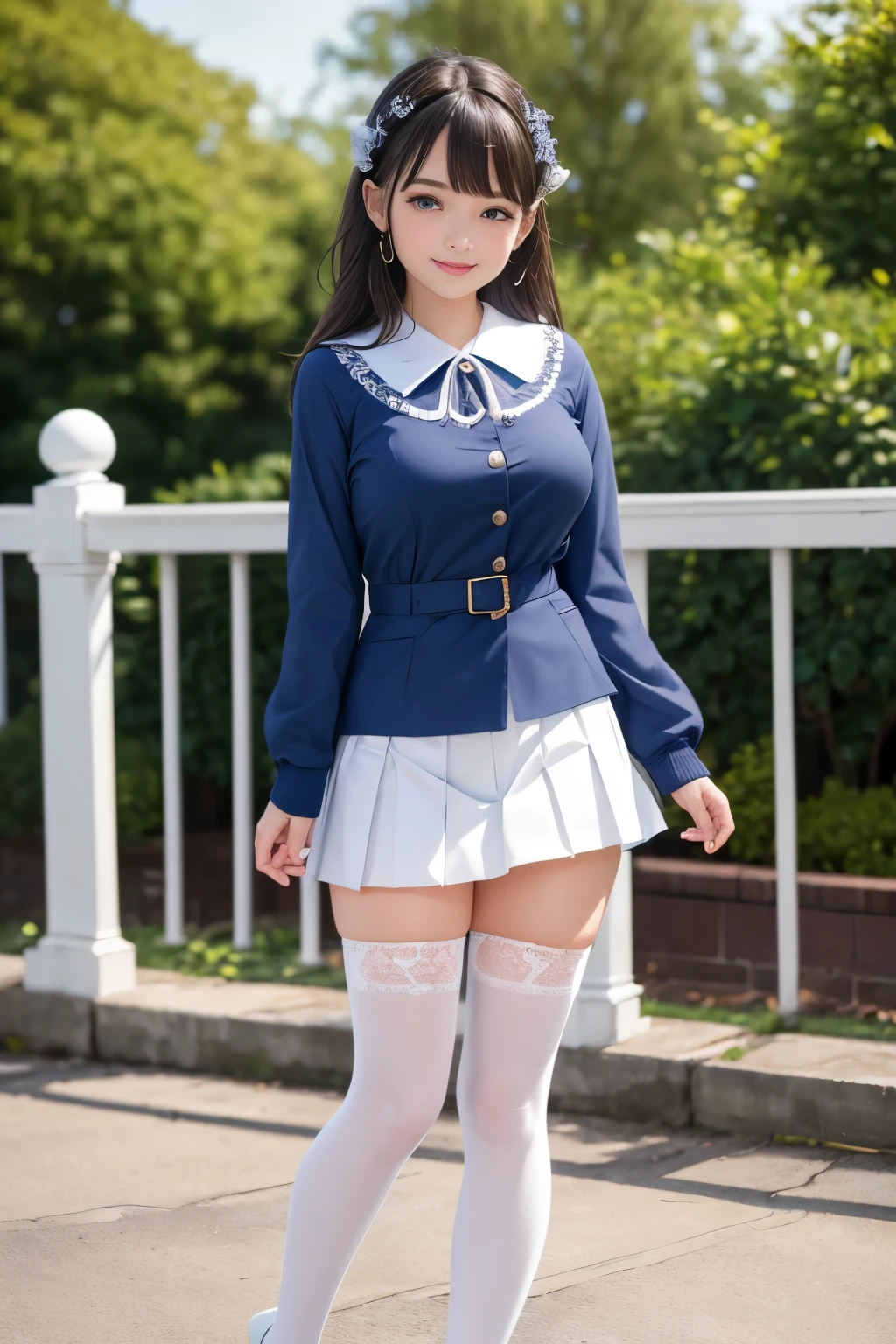 Best quality, full body focus, full body shot, perfect face, soft light, ultra high res, 8k, Masterpiece, , , view the viewer, full body , Front view, (1girl), , Cute face, (blue eys:1.5), (Dark brown Medium hair), beautiful medium breasts, , Beautiful boob, Beautiful finger, Beautiful hands, Beautiful arms, Beautiful feet, Beautiful legs, (high resolution detail of human skin texture) , ((white long sleeves sailor uniform, white pleated skirt, knee-high socks, white with lace trim, white pin high heels)), , Park,, , (( standing, , smiling, nose blush) , (see-through:0.3)shirt, ,)) , ,score_9, solo, no bra, no panties, ,
