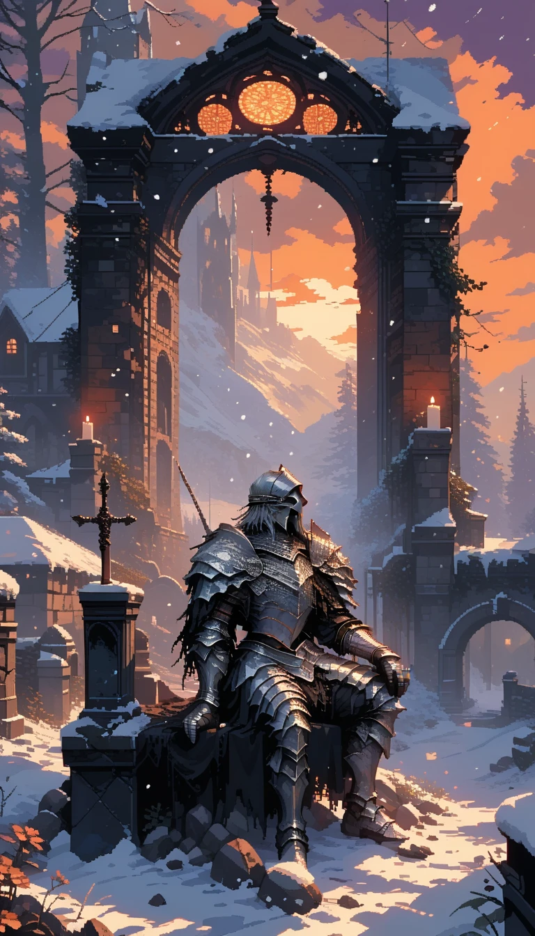 score_9, score_8_consolation, score_7_consolation, score_6_consolation, Picture of a man in armor sitting on a rock, dark souls article,Dark Dark Fantasy , the dark souls article, , (((article))), fallen article, fantasy article, , painting of a article, , style, article,  Dark Souls Inspiration , article in armor, Dark soul style, evil article, pixel art,,solitude,snow covered village, It's snowing,Warm lights ,Purple sky, orange sky,night