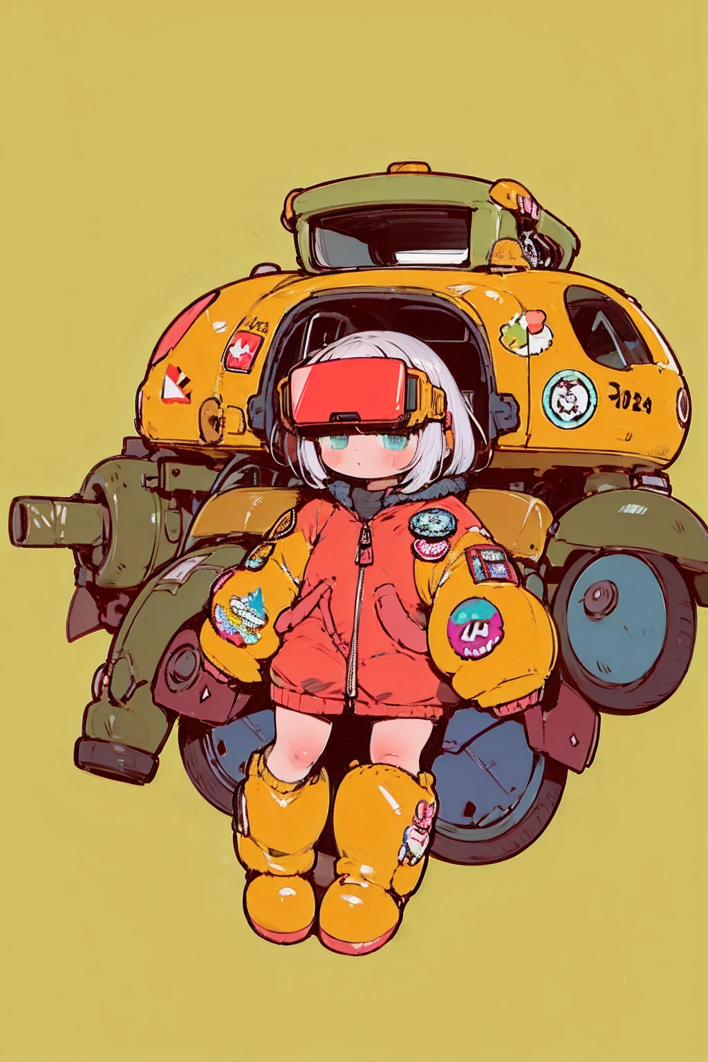   Full Body Portrait , (  super detailed ,   super high res ,   detailed background ),((2D)),((  flat color)),((achromatic  )),  One girl ,,   viewers,   loose red flight suit  ,   wear large sheepskin colored bomber jacket, ( big yellow boots  ),  Plush color  ,   Full Body Portrait ,  wear VR goggles , ((  Baron Desert Intracat background  )), ((Doomsday City)),   Expressing the whole body , ((  drone next to her  )), Pop Art Style, exoskeleton