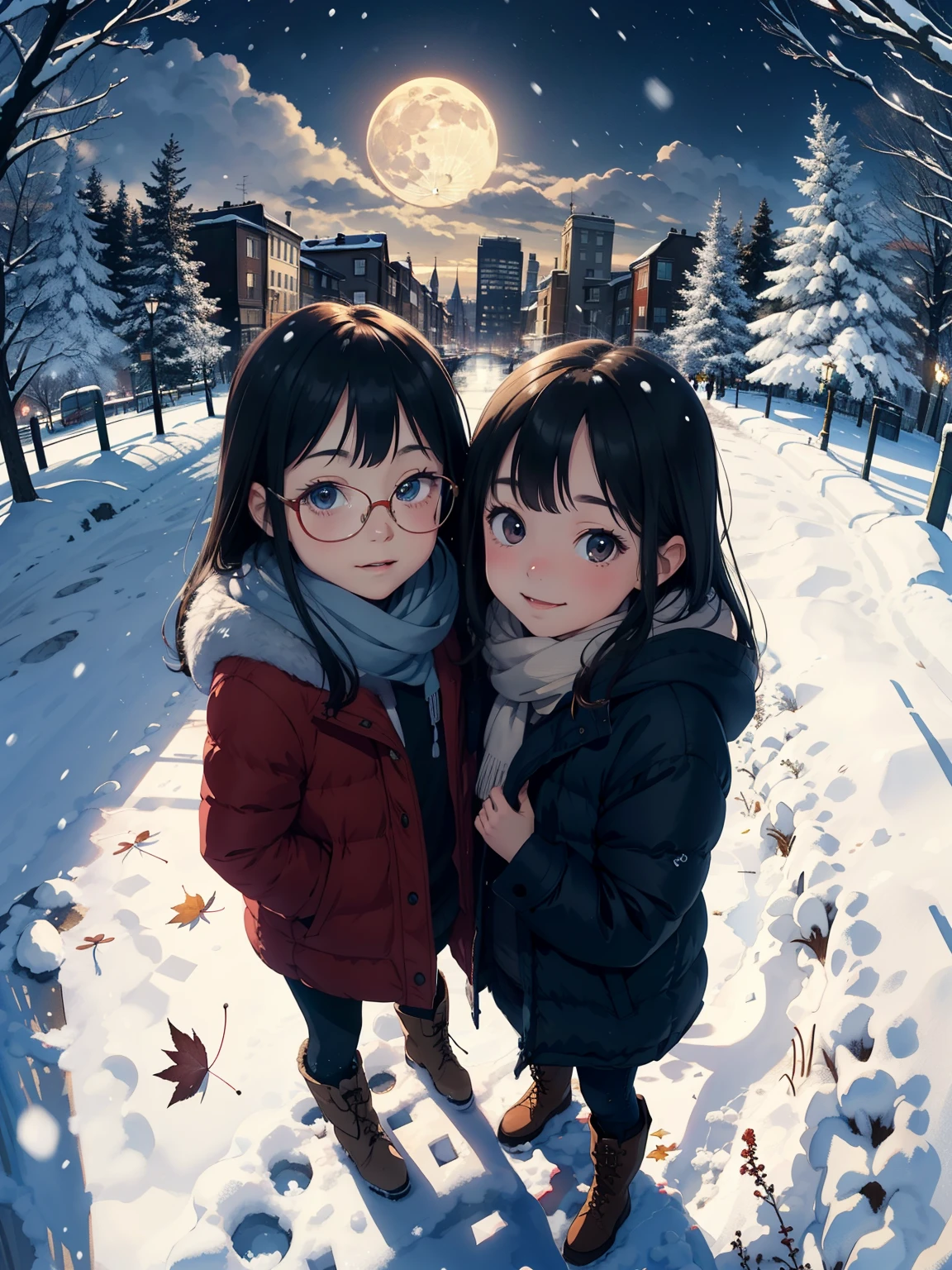 masterpiece，top quality， high image quality  ，( super flat ， flat shading   )，Glasses，beautiful dark hair，  fisheye lens， cute little sow looking over the winter city from a park garden, a trained young mother and her cute ****** daughter:1.2，  warm scarf  ， Down Jacket，(naked)， long hair， boots，smile, smile，  White Breath，fun, play，Overlooking the winter city from the park's garden，Autumn leaves，Snow Scene，Snowfall:1.3，Winter Sky，At dusk，Beautiful Moon，Wide angle，  bright color，watercolor,     Ghibli style，Strong winds，Girl Temptation， girl  &#39;Lure，