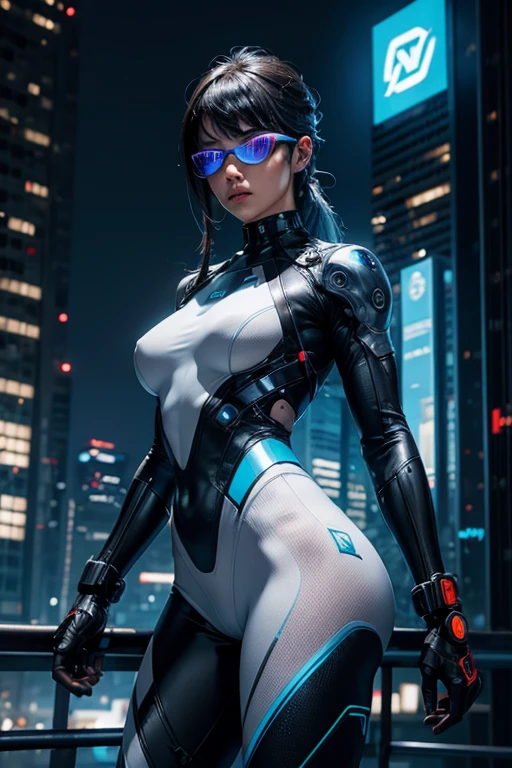19 year old girl in futuristic suit standing looking at a window with a cyberpunk landscape