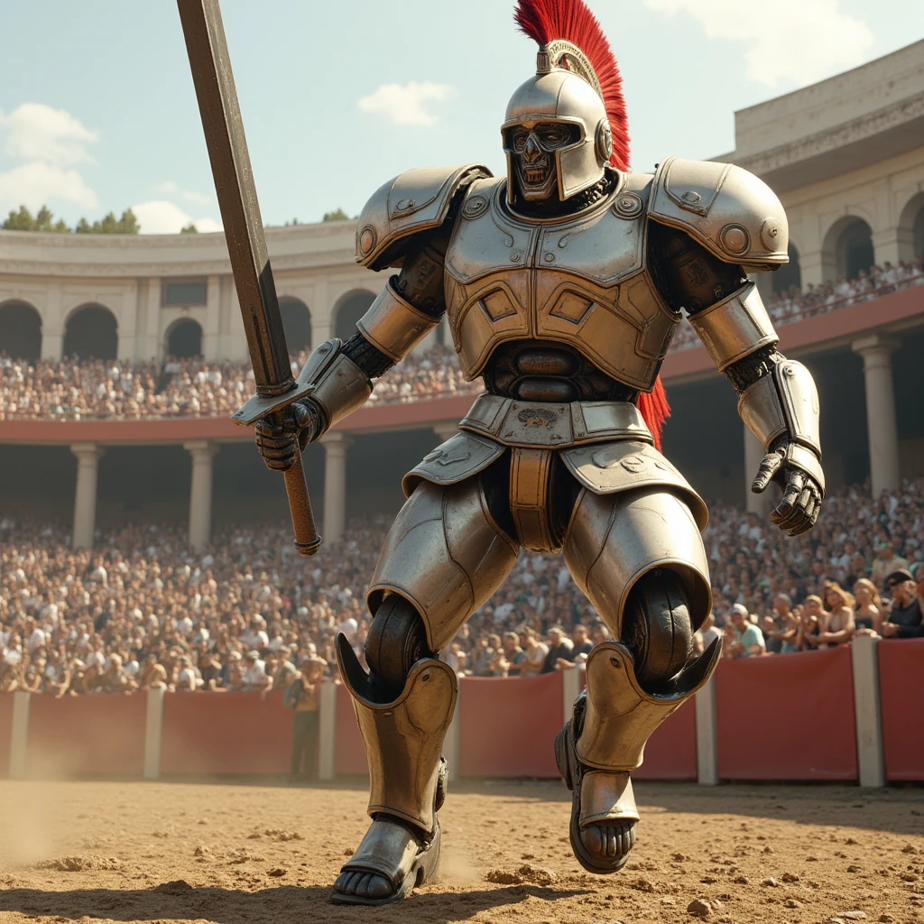 photorealistic,(A mechanical gladiator who fights with a large sword in an ancient Roman amphitheater),(Ancient Roman Armor 　Attire),