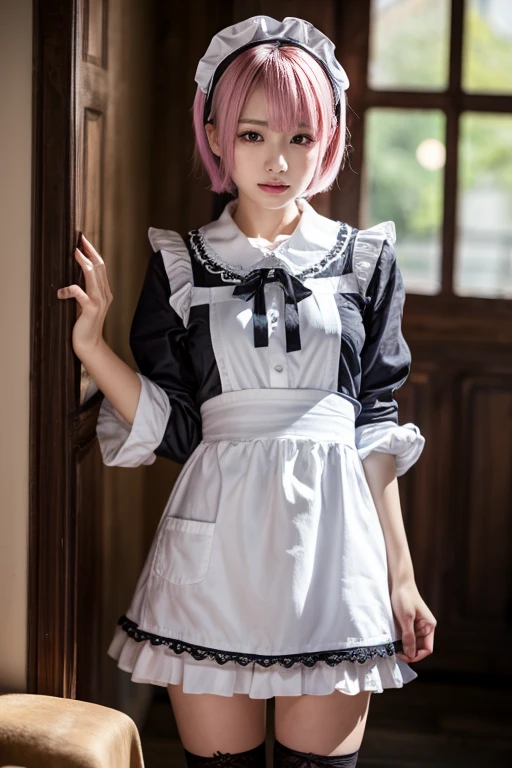 One girl, apron, bow, cube hair ornaments, dress, Frills, dark (Performance), hair ornaments, heart, heart hands, Long Hair, avert your eyes, Maid, Maid apron, Maid headdress, Mary Jane, One side up, Pink Hair, Shadowed face, shoes, short dress, alone, Sweat drops, Knee socks, white Knee socks, zettai ryouiki,