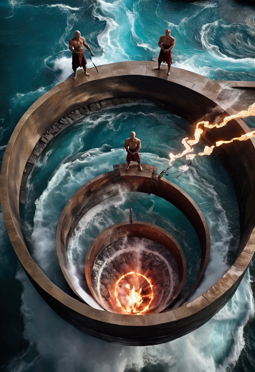 (((Drone view))) ((aerial view)) (from above) Four stocky, muscular middle-aged men, a fire bender in red loincloth, water bender in blue loincloth, air bender in white loincloth and earth bender in green loincloth  channels their immense power into a humongous vortex of four elements. The dynamic scene is captured from above, offering a dramatic aerial view of their levitating forms and the chaos of their bending.