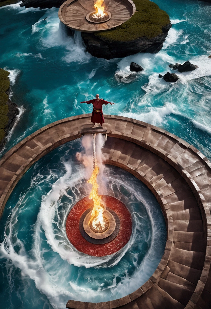 (((Drone view))) ((aerial view)) (from above) Four stocky, muscular middle-aged men, a fire bender in red loincloth, water bender in blue loincloth, air bender in white loincloth and earth bender in green loincloth  channels their immense power into a humongous vortex of four elements. The dynamic scene is captured from above, offering a dramatic aerial view of their levitating forms and the chaos of their bending.