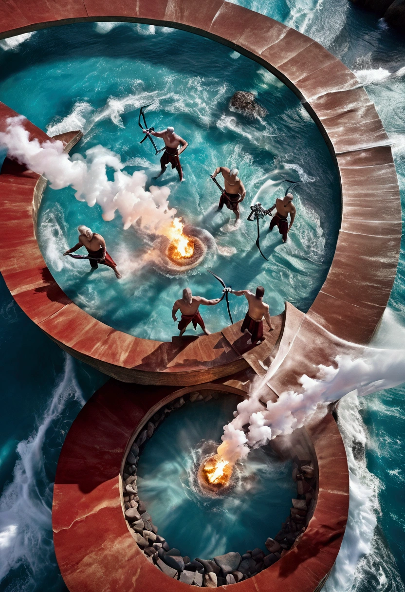 (((Drone view))) ((aerial view)) (from above) Four stocky, muscular middle-aged men, a fire bender in red loincloth, water bender in blue loincloth, air bender in white loincloth and earth bender in green loincloth  channels their immense power into a humongous vortex of four elements. The dynamic scene is captured from above, offering a dramatic aerial view of their levitating forms and the chaos of their bending.