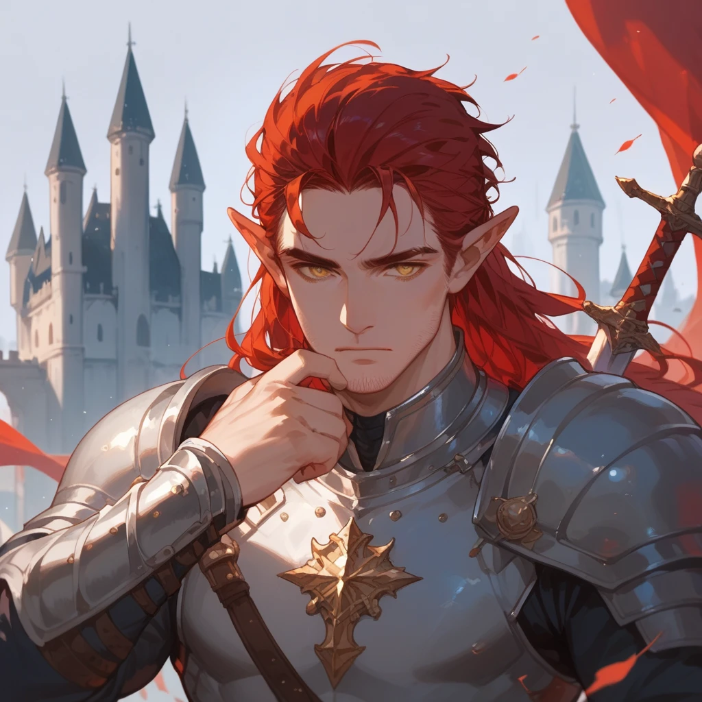 (score_9, score_8_up), score_7_up, 1man, long red hair, short pointed ears, stubble on chin, battle worn, armour, longsword on back, stern, emotionless, aloof, golden eyes, menacing, 40 years old, staring at camera, castle background,