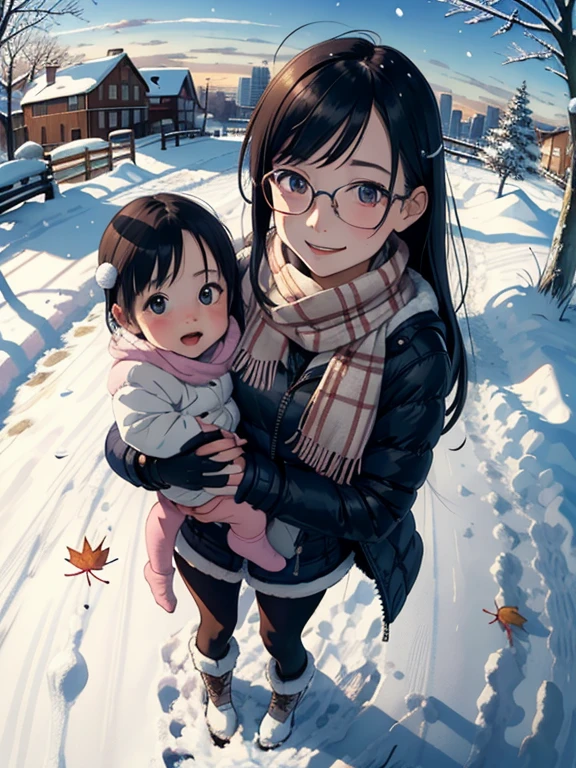 masterpiece，top quality， high image quality  ，( super flat ， flat shading   )，Glasses，beautiful dark hair，  fisheye lens， cute little sow looking over the winter city from a park garden, a trained young mother and her cute ****** daughter:1.2，  warm scarf  ， Down Jacket，(naked)， miniskirt，tights， long hair， boots，smile, smile，  White Breath，fun, play，Overlooking the winter city from the park's garden，Autumn leaves，Snow Scene，Snowfall:1.3，Winter Sky，At dusk，Beautiful Moon，Wide angle，  bright color，watercolor,     Ghibli style，Strong winds，Girl Temptation， girl  &#39;Lure，