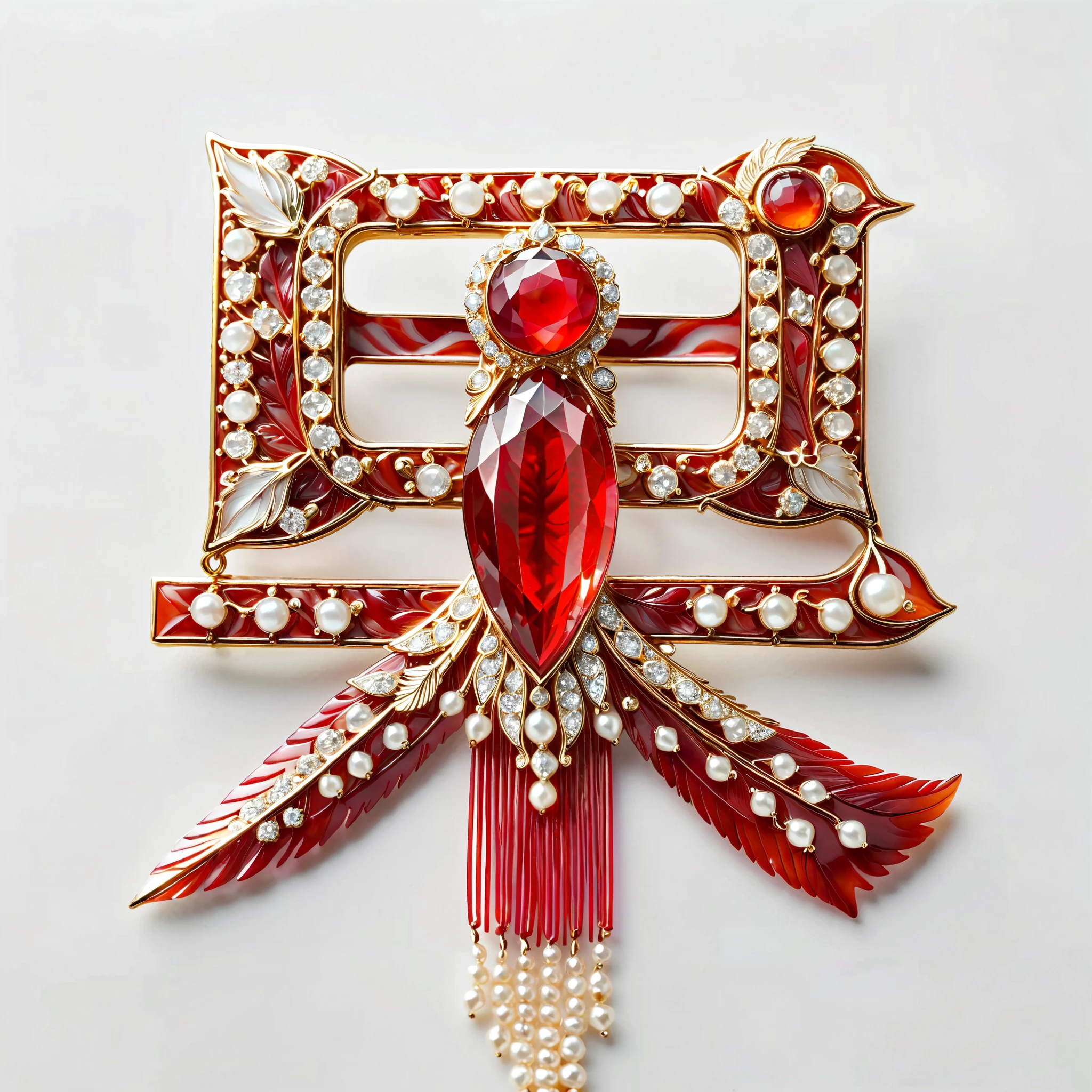  A long ruby-colored hairpin carved into the shape of a phoenix,Inlaid with pearls .  The body of the hairpin is like the long tail feathers of a phoenix .  its head slowly lowered ,  It has a tassel on its sharp mouth . , a few pigeon blood beads fall down .  It is made of a whole red agate . ((  white background ))