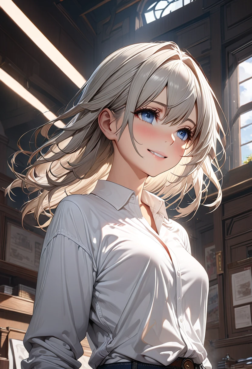 (masterpiece, best quality), high resolution, extreme detailed, highest detailed, (anime), Anatomically correct, 1girl, solo, from front, cowboy shot, (looking away:1.2), detailed beautiful face and eyes, (light smile), (white shirts:1.5), ARW