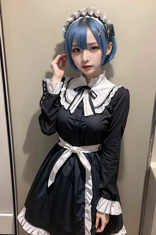 ​masterpiece,  top quality , Hi-s, Rem 1,  one girl , solo, IN\(:Stay Night\),  blue hair,  white tie high ,  short hair with shadows,   red eyes,  Hair over one eye, Ribbon trim,  hair bow,  hair ornament, frilld,  maid's headdress,  Waist Apron ,  Garter Strap ,  black ribbon,  small boobs,  Long Sleeve ,  white apron,  ribbon around neck ,  purple ribbon on the front of the body,  wide sleeve, Flowers in hair,