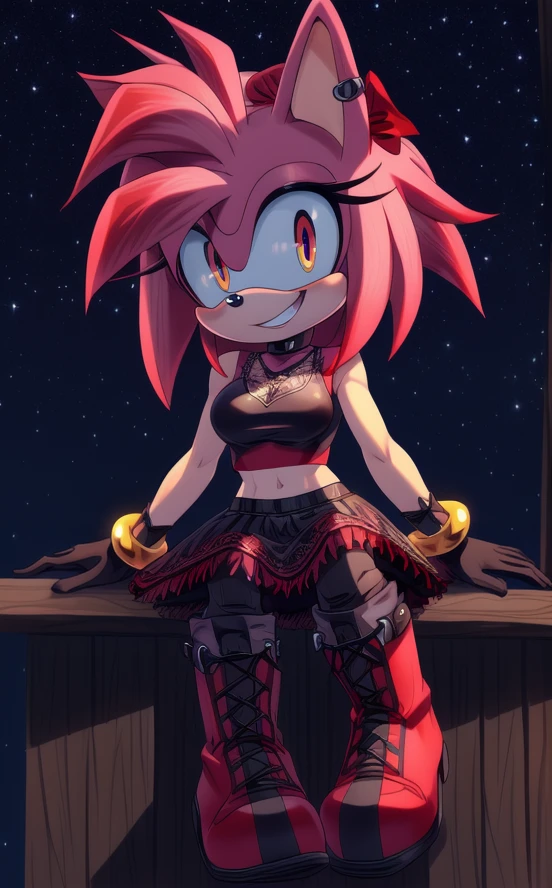 ((masterpiece)) ((UHD)) 4K, High detailed, ((detailed shadowing)) Female anthropomorphic hedgehog, Amy Rose, mobian, bright pink fur, furry, Anime style art, Studio Quality, Atractive, gorgeous body, full body portrait, Best Quality, High resolution, breasts, midriff, multicolored hair , pink messy, frizzy, short Punk Hair with red highlights, ((red hair bow)), 3 long bangs, orange eyes, ((red crop top)), ((red bracelets)), ((long black gloves)) black choker, earrings, ((red skirt with black vertical stripes and a white lace fringe)) , ((long red punk boots with black stripes)) , creepy smile, wide-eyed, crazy, bonkers, unhinged, Looking at viewer, sitting ((nighttime)) ((starry sky)) ((ambient lighting)) (cinematic lighting)) creepy carnival background