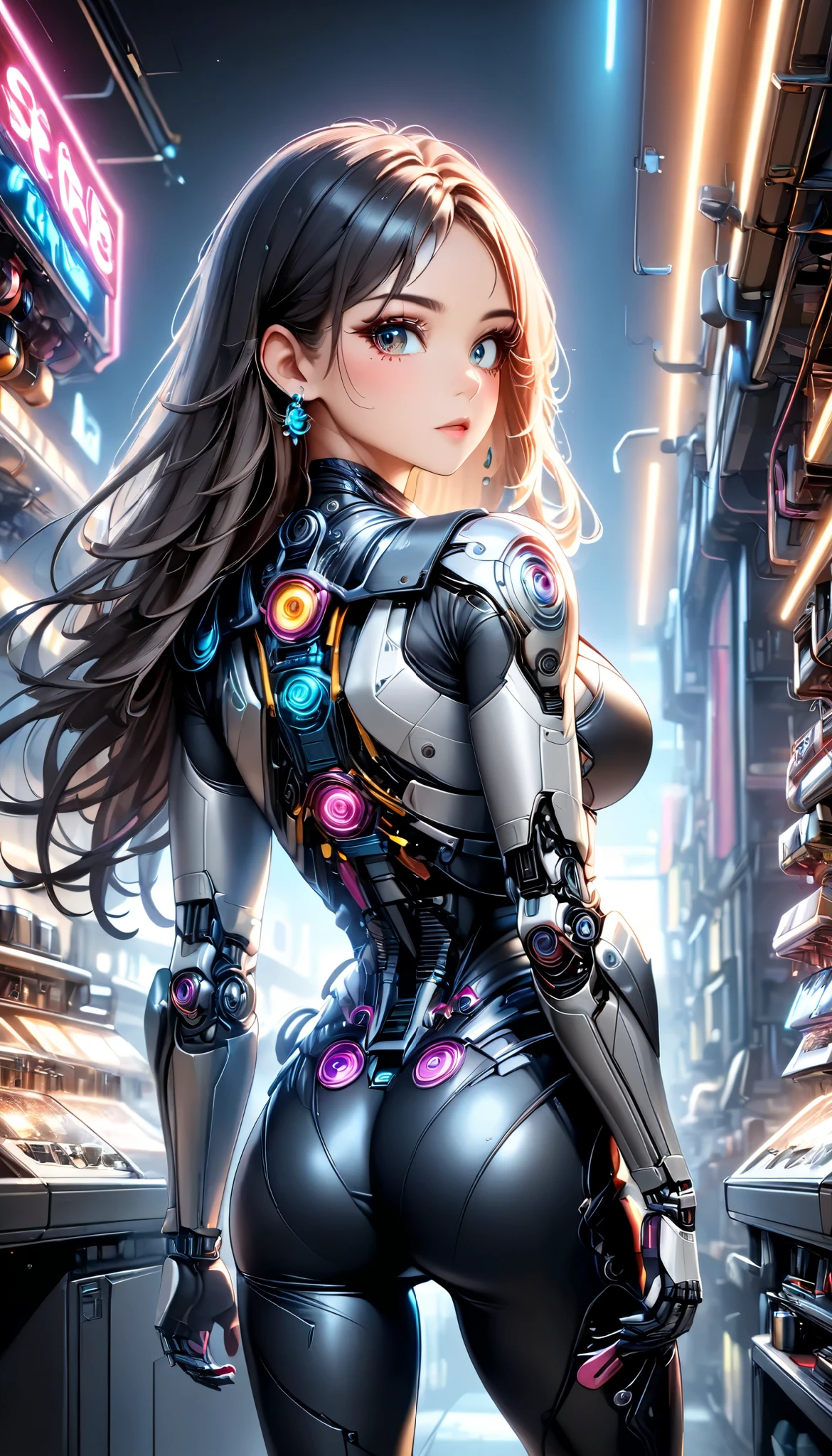  detailed and very realistic robot woman , 1girl, Sabre in one hand,  beautiful finely drawn eyes ,  beautiful finely drawn lips ,  very detailed face ,  long eyelashes, Metallic skin, Futuristic,  dark atmosphere,  glowing neon cyberpunk implants,  intricate mechanical details ,  Complex Machines , Complex Circuits,  dynamic poses in a crowded store,  from behind , Dramatic lighting,  retro future of advanced vehicles,  brightly colored ,  low angle, (( Anime Style,  neon pop style :1.2, Detailed CG illustration)),  super detailed ,  studio lighting ,  intricate details , ( top quality , 4K, 8k, High Resolution, masterpiece:1.2).