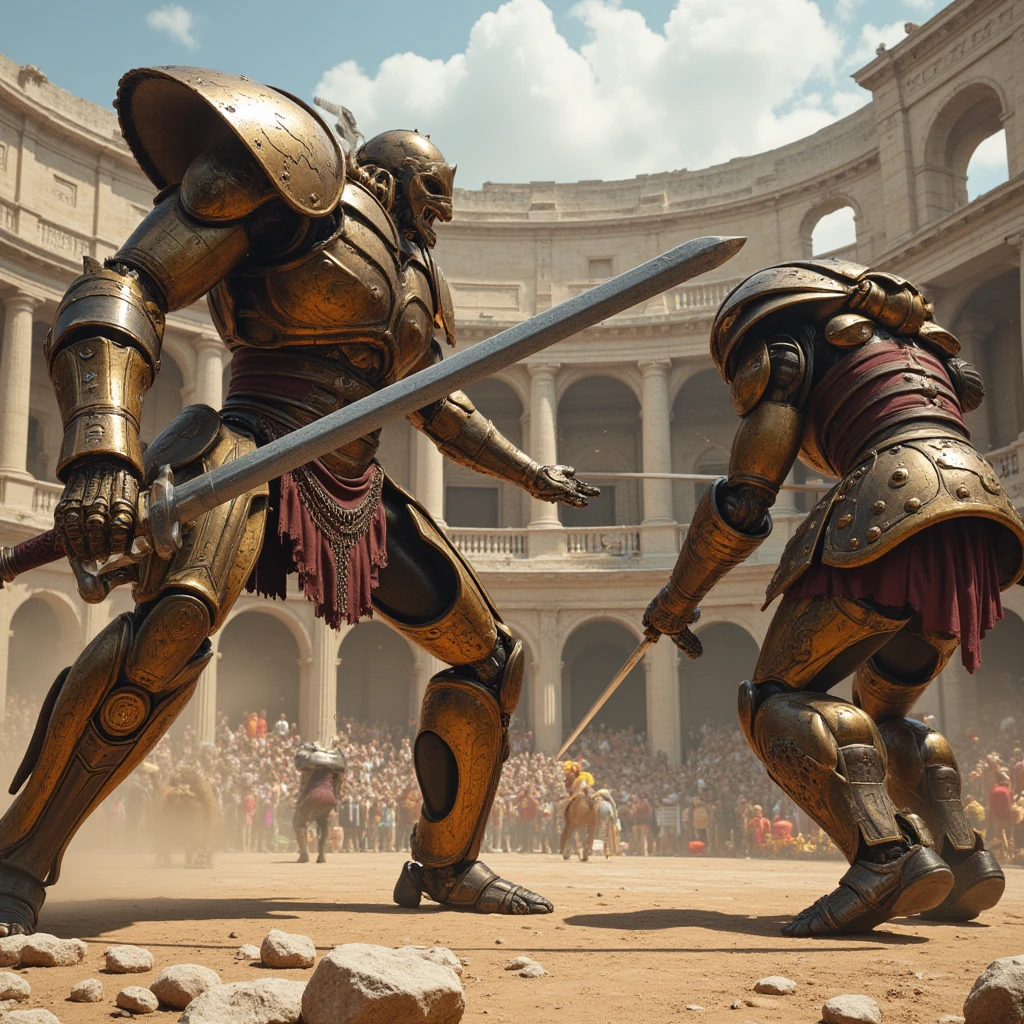 photorealistic,( with big swords in ancient Rome's amphitheater　Mechanical gladiators fighting each other ),(Ancient Roman Armor 　Attire),