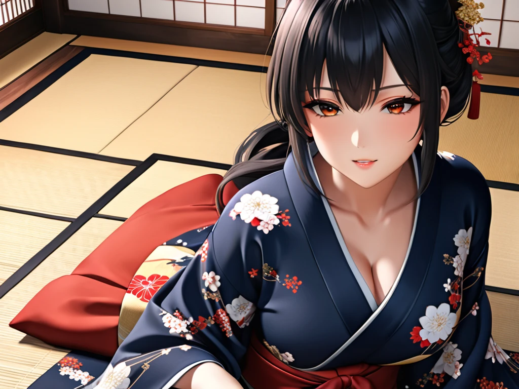 (1girl:1.3), Masterpiece, Best quality, amazing beauty, [[3D]], 4K, absurdres, finely detail, super detailed eye, perfect anatomy, official art, cinematic lighting, BREAK, (Japanese-style room, tatami, futon
,mattress, pillow:1.3), silky long hair, silky side ponytail, black hair, super shiny detailed black eye, big eyes, sparkle(in the eyes), thick eyebrow, close-mouth, plump lips, Mascara, False eyelashes, red lips, hairpin, Looks like fun, BREAK , huge breasts, tall, medium, wheat skin, , BREAK , traditional Japanese setting, young woman in a colorful kimono, sitting futon, seiza, gazing at the scenic view, serene atmosphere, natural lighting, high detail, BREAK,(kimono:1.3)