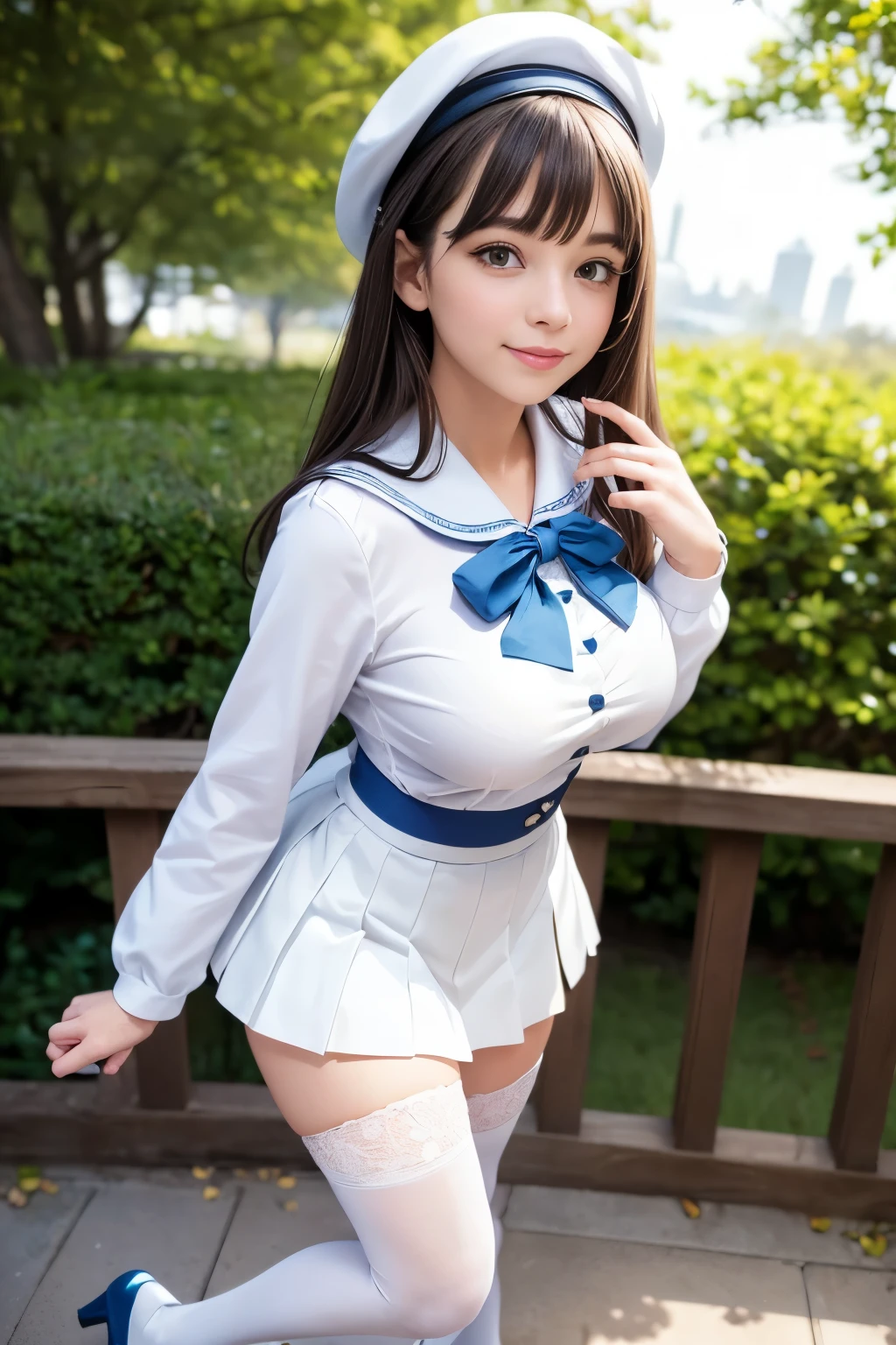 Best quality, full body focus, full body shot, perfect face, soft light, ultra high res, 8k, Masterpiece, , , view the viewer, full body , Front view, (1girl), , Cute face, (blue eys:1.5), (Dark brown Medium hair), beautiful medium breasts, , Beautiful boob, Beautiful finger, Beautiful hands, Beautiful arms, Beautiful feet, Beautiful legs, (high resolution detail of human skin texture) , ((white long sleeves sailor uniform, white pleated skirt, knee-high socks, white with lace trim, white pin high heels)), , Park,, , (( standing, , smiling, nose blush) , (see-through:0.3)shirt, ,)) , ,score_9, solo, no bra, no panties, ,