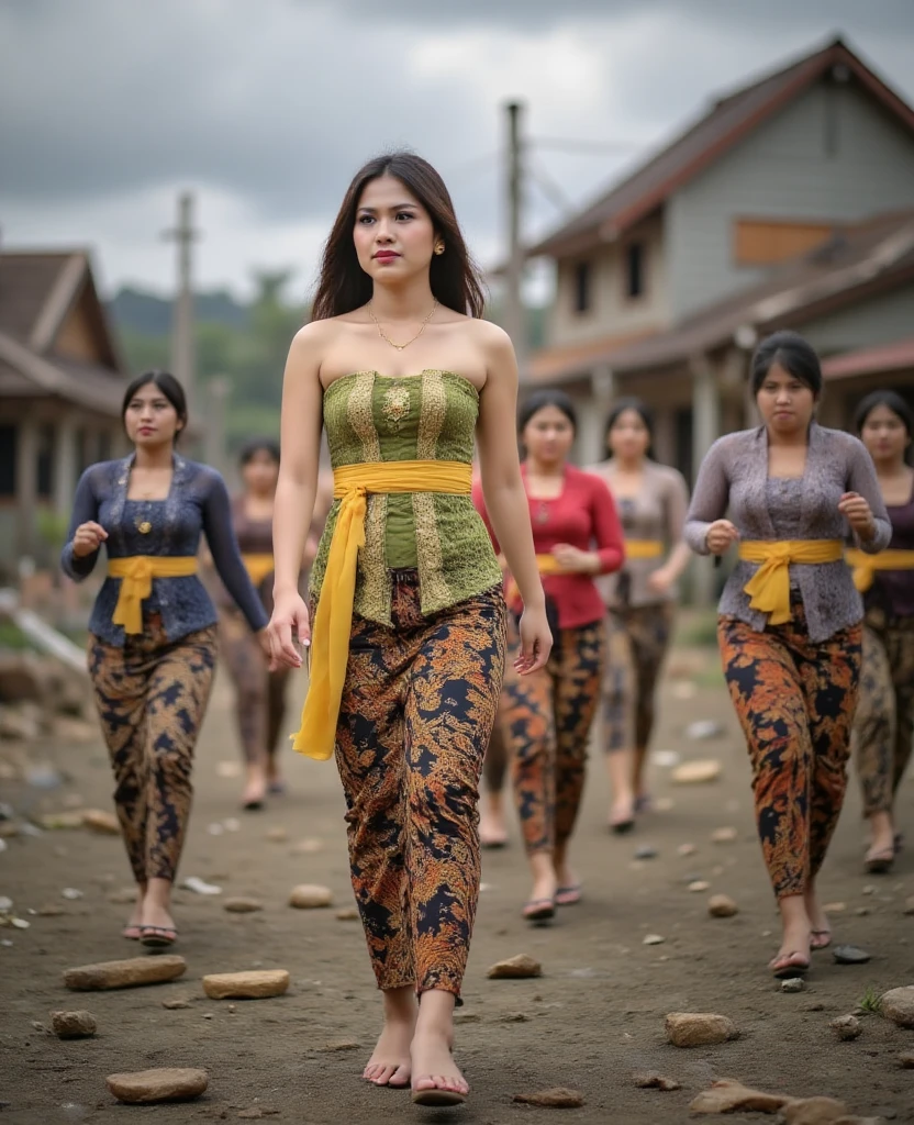 A dramatic scene in an Indonesian village post-earthquake. In the foreground, there are many Indonesian people from various walks of life running in panic and fear. Among them, a young Javanese princess, 25 years old, with a sweet and traditional appearance, stands out. She wears a simple traditional green strapless kemben made of raw fabric adorned with a few golden ornaments, a yellow waistcloth or selendang, and a batik jarik wrapping her slender legs. She is barefoot, walking amidst the ruins of a village devastated by an earthquake. The background shows collapsed houses and debris under a cloudy, ominous sky. Realistic photo, looking side, serious expressions, diagonal angle, dynamic composition