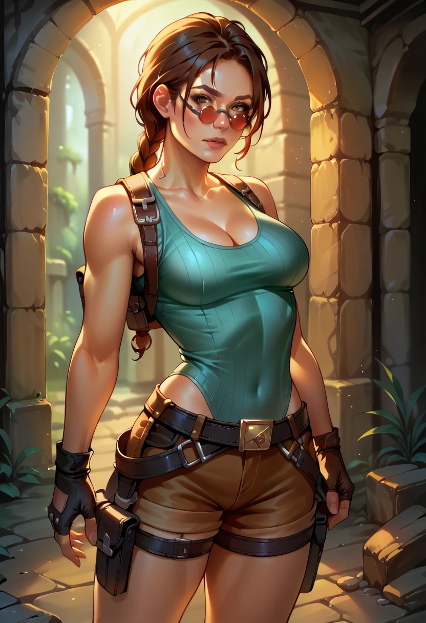 score_9, score_8_up, score_7_up, BREAK, score_9, 1girl, solo, looking at viewer, laracroftxl, fingerless gloves, holster, cleavage, shorts, tinted eyewear, medium breasts, leotard, thigh holster, dungeon, cowboy shot, from behind,