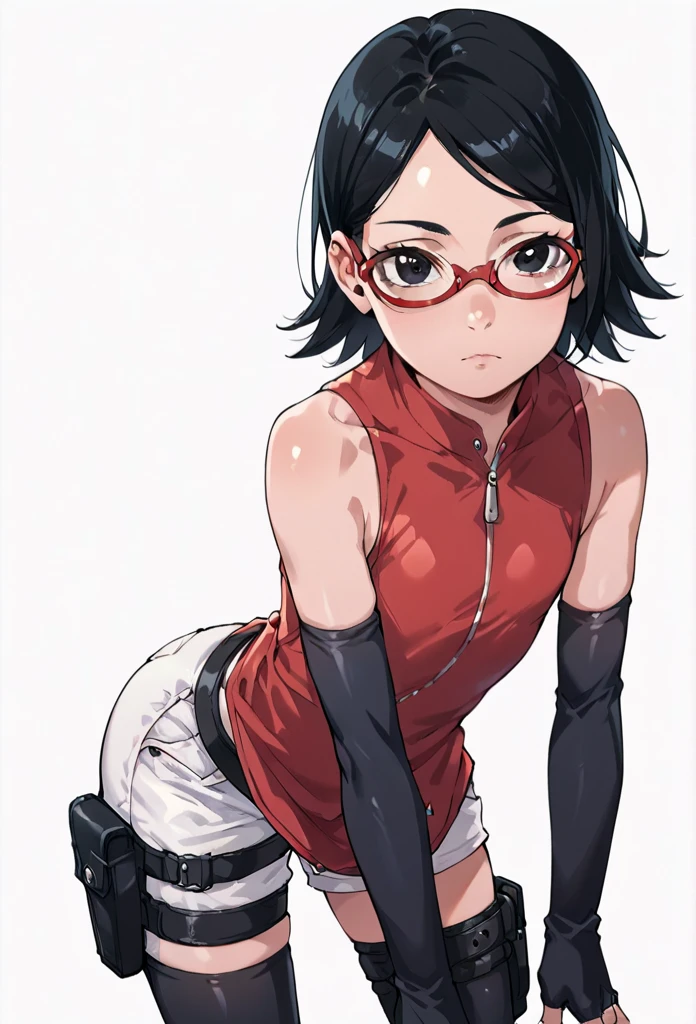 score_9_up, score_8_up, score_7_up, score_6_up, score_5_up, score_4_up, ,zPDXL2, solo, rating_questioablr, perfect face, perfect eyes, BBC_Chan Style, Sarada Uchiha, solo, 1girl, black hair, short hair, red-framed eyewear, glasses, black eyes,red dress, sleeveless, elbow gloves, black gloves, fingerless gloves, white shorts, black thighhighs, thigh holster, flat chest, round butt, top view, confidient pose, hair bondu