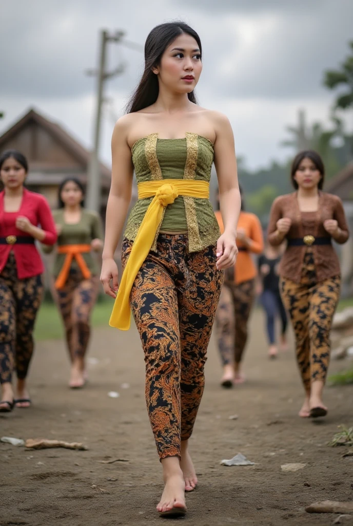 A dramatic scene in an Indonesian village post-earthquake. In the foreground, there are many Indonesian people from various walks of life running in panic and fear. Among them, a young Javanese princess, 25 years old, with a sweet and traditional appearance, stands out. She wears a simple traditional green strapless kemben made of raw fabric adorned with a few golden ornaments, a yellow waistcloth or selendang, and a batik jarik wrapping her slender legs. She is barefoot, walking amidst the ruins of a village devastated by an earthquake. The background shows collapsed houses and debris under a cloudy, ominous sky. Realistic photo, looking side, serious expressions, diagonal angle, dynamic composition