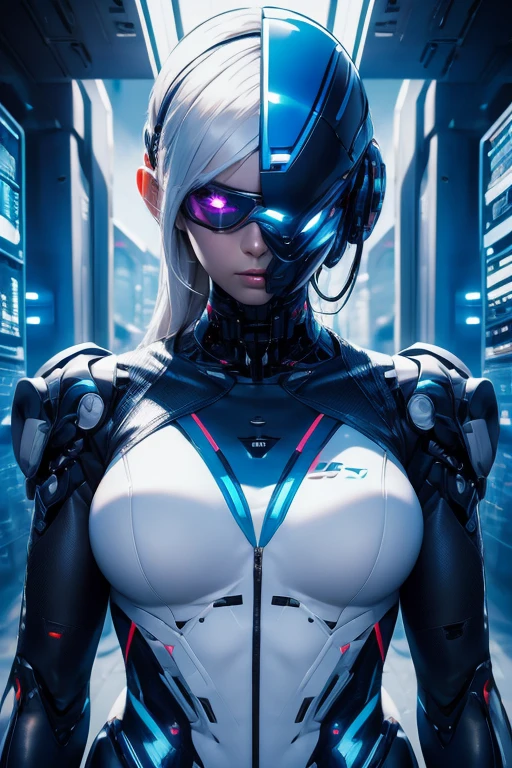 Cute Seductive, Mature women, bionic, cyan eyes, cyan high tech lingerie, realistic, professional lighting, 8K, high tech city background, seductively facing camera