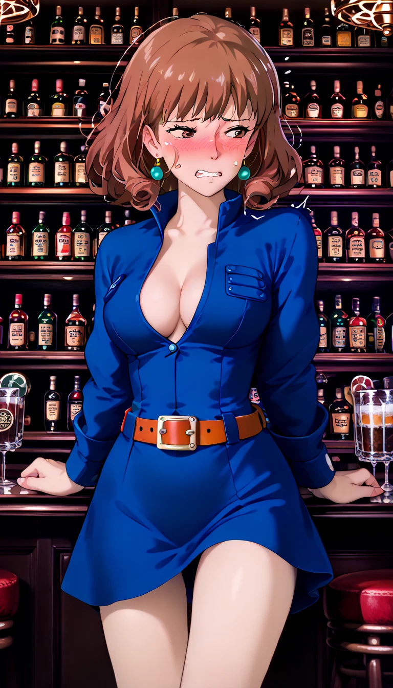 (cleavage ,open shirts:0.9)(narrowed eyes:1.5) style style source_ anime anime_ coloring (Nausicaa,1girl,brown hair,　medium hair,　brown eyes, breasts, Nausicaa,((1girl)),brown hair,　medium hair,　brown eyes, breasts, earrings, (light blue medium dress:1.3), chest bullet holder, long_ sleeves, belt, medium breasts)　 4K Masterpiece Top Quality High Definition: super resolution super detailed, (standing:1.5)(inner thigh:1.6) (cowboy shot:1.5 ) throw(straight-on:1.5) (looking to side:1.3)(withdrawn face:1.2) (clenched teeth:1.3) (wavy mouth:1.2)(frown:1.0) (hate:1.3) (troubled eyebrows:1.2)(下がり眉:1.5) ,nose blush (embarrassed,blush:1.5) (trembling:1.0) (feeling weak:1.3)　holding blue bra,  (bar:1.5)