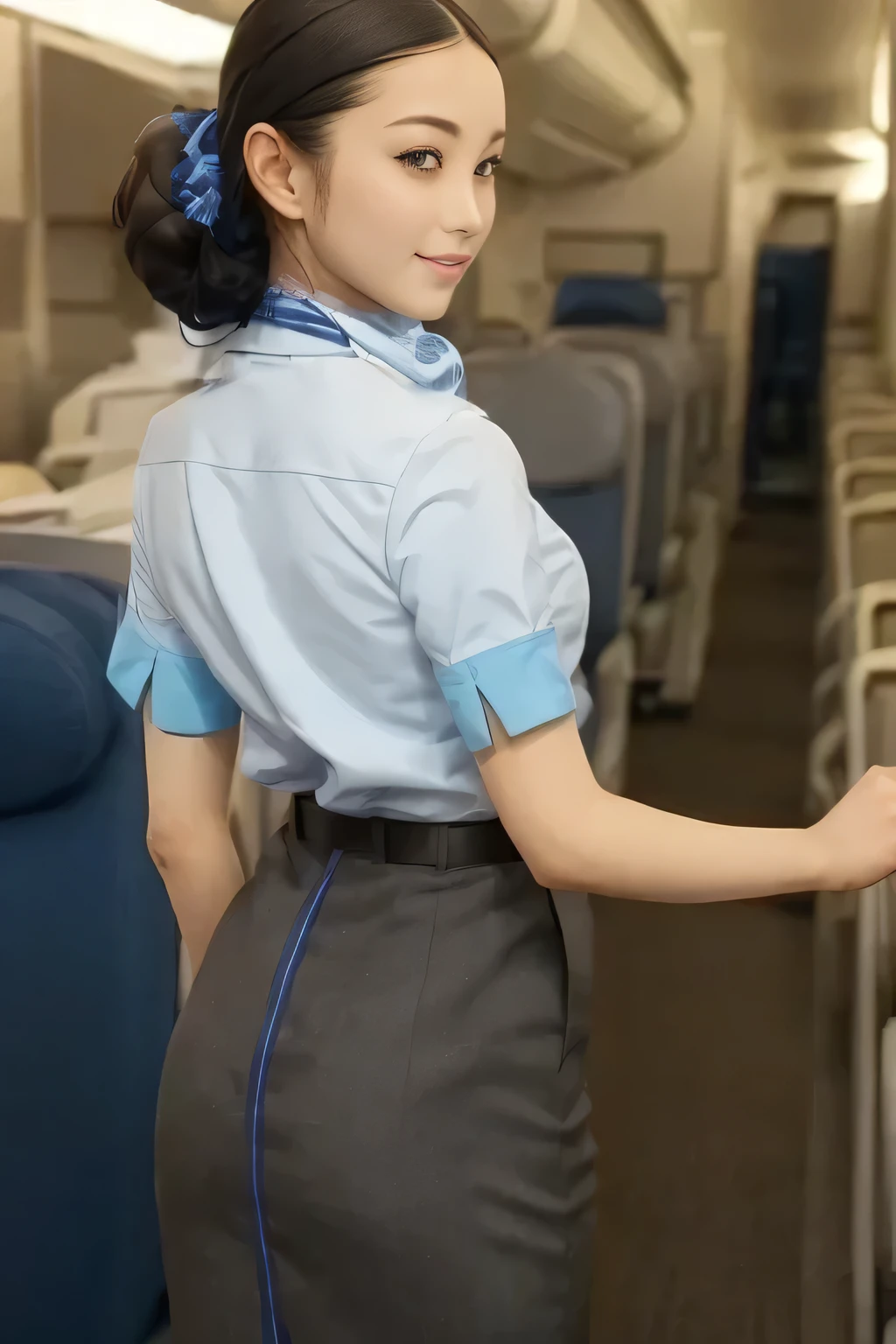 (masterpiece:1.2, top quality:1.2), 32kHDR, high res 。 perfect for loosely aligning legs , (alone、 1 girl)、( Rooftop of a building during the day 、 Professional writing )、 against the roof of a building 、(ANA cabincrew uniform blue wear 、 real style )、(( ANA cabincrew uniform blue short sleeve blouse 、 ANA cabincrew uniform blueの後ろに青いラインが入ってるスカート、 Put a scarf around your neck ))、 dark brown hair 、( Super Long Hair Wrap Hair、Braid Wrap Up Hair )、 long hit 、Big Breasts、Thin legs、(( Amazing hands :2.0)),(( 。 physique in harmony with the roof of a building 。 :1.5)),(( generally limbs:2.0)),((generally :2.0)),(( Delicate eyes:2.0)),((generally eyes :2.0)))、 smile 、( ANA cabincrew uniform blue figure showing beautiful back )、 Put your hands down