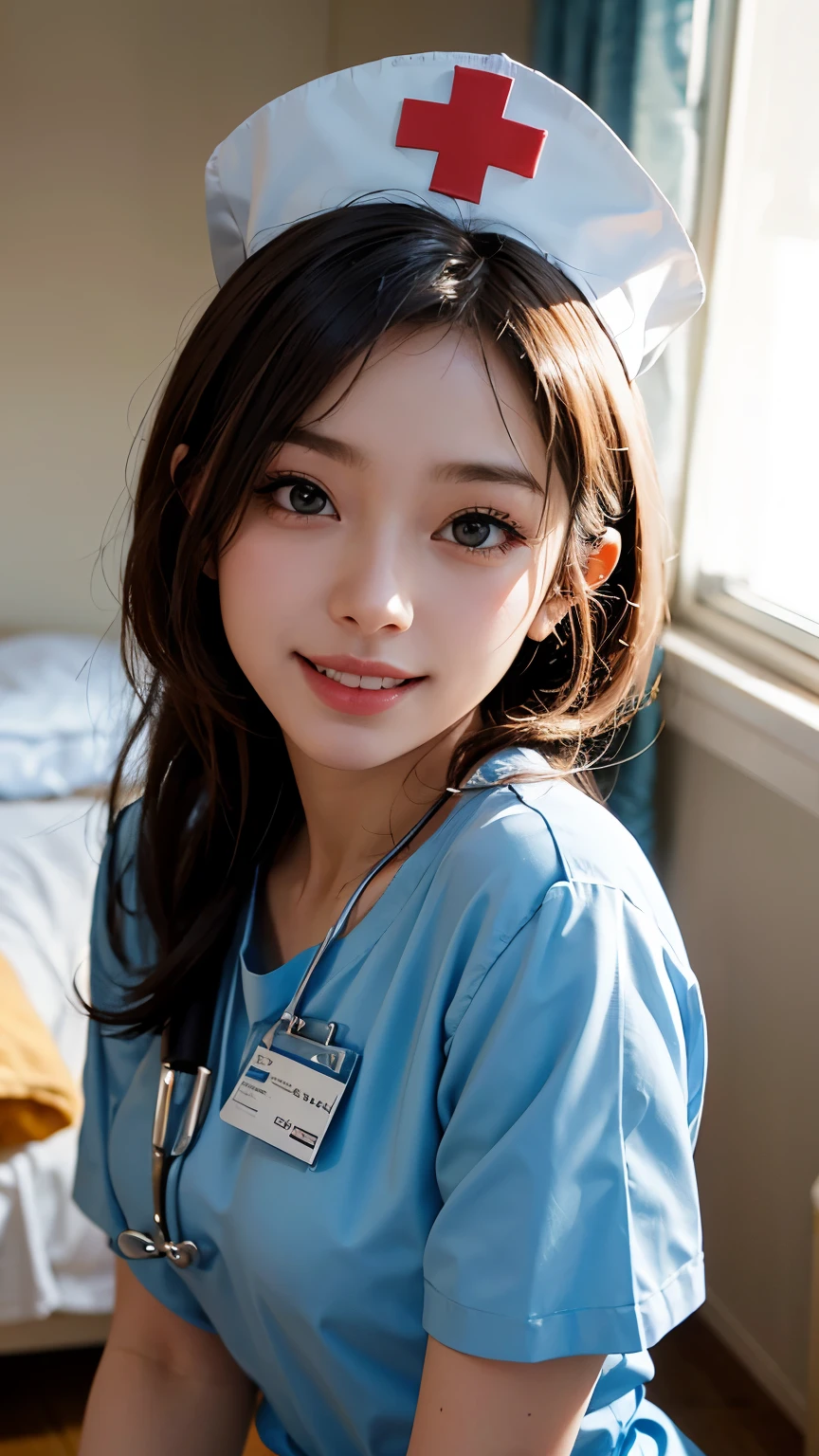 masterpiece:1.5, best quality, 1 girl, solo, standing, nurse:1.5, nurse cap, smile, hospital room, close up