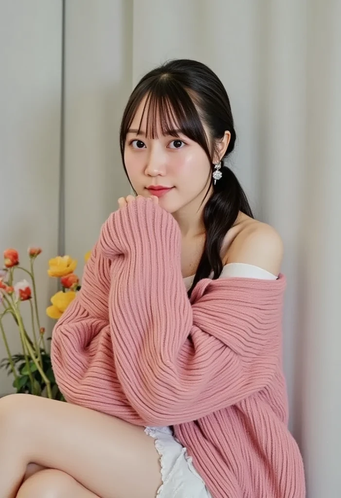 highest quality, 8k, 32K, perfect body, super detailed face, , fine eyes,Japanese,1 person,Beauty,Fashionable apparel shop background,Model Posing,Advertisement shooting,Shooting scenery,pink off-shoulder knit dress