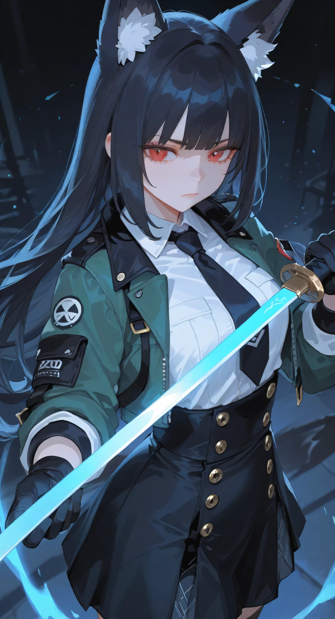 1girl, hoshimi miyabi, zenless zone zero, rei \(sanbonzakura\), torino aqua, (ciloranko:0.9), lack, from above, from side, foreshortening, animal ear fluff, black gloves, black hair, black necktie, black skirt, blunt bangs, closed mouth, fox ears, fox girl, green jacket, high-waist skirt, holding sword, glowing katana, energy, long hair, red eyes, serious, sidelocks, solo, white shirt, blue theme, black background, depth of field, cinematic, masterpiece, best quality, good quality, newest, highres, absurdres