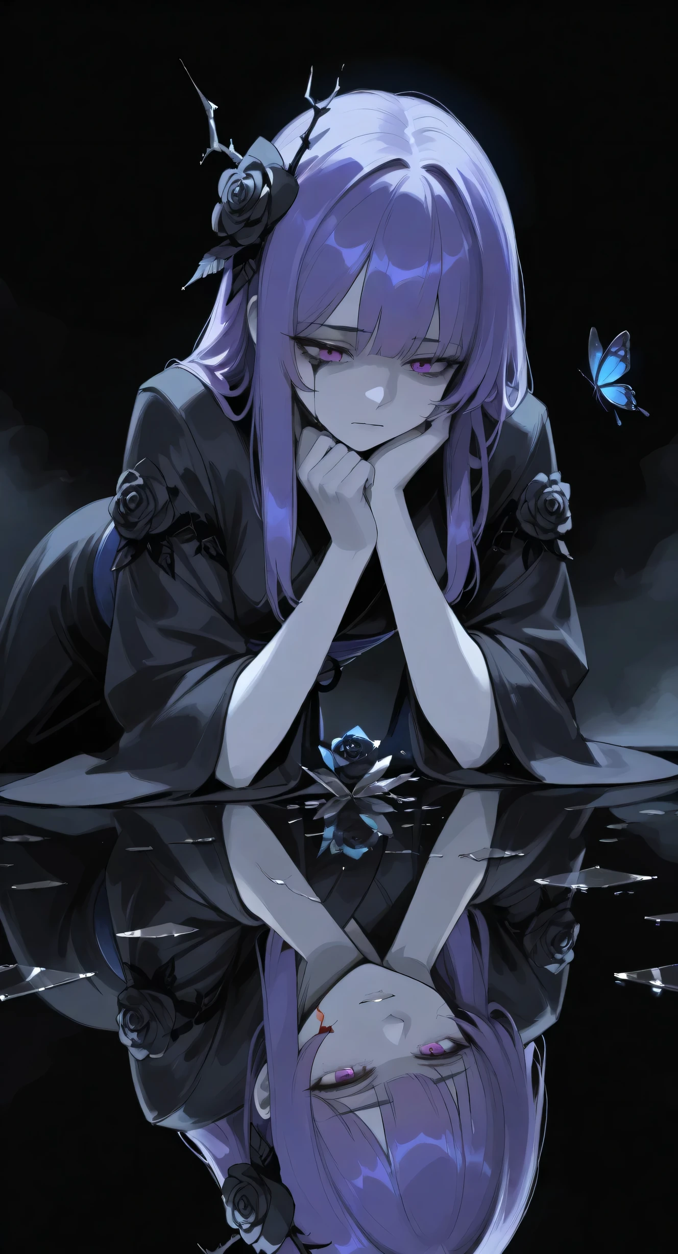 masterpiece, best quality, newest, absurdres, highres, 1girl, purple hair, purple eyes, hair ornament, electricity, abstract, breaking, shattered, glass, broken glass, monochrome, spot color, blue and black theme, dark, sad, gothic, black rose, thistles and thorns, flora, black and thick liquid, fog, blue butterfly, underlighting, strong visual impact, film lighting, (different reflection, reflection, glass shards:1.2), An ethereal sketch using lineart techniques and wet on wet painting, shatter across face, blood from eyes, tomoe \(symbol\), detailed, time paradox, multiple views, black background, photo \(medium\), simple background, blue hair, kimono,
