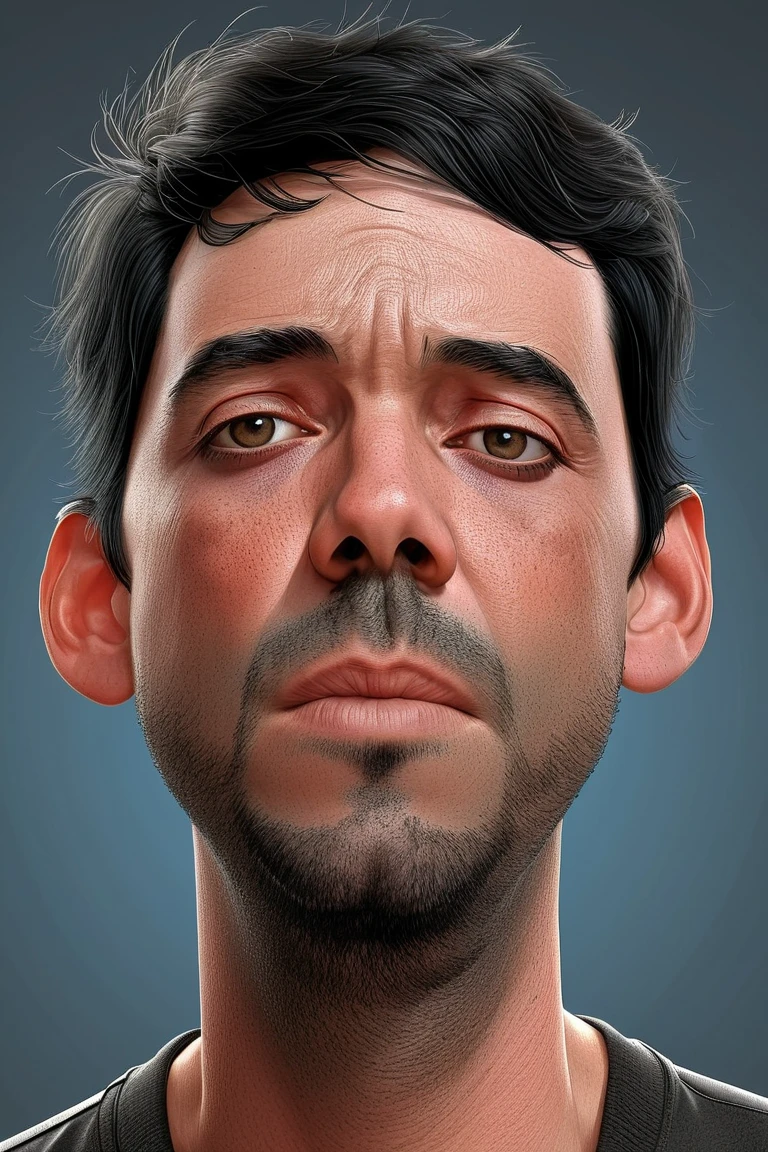  Caricature of a man, black hair, face will look right into the camera, W7ruff4 face, detailed face, intricate, realistic, realistic skin texture, 4K.