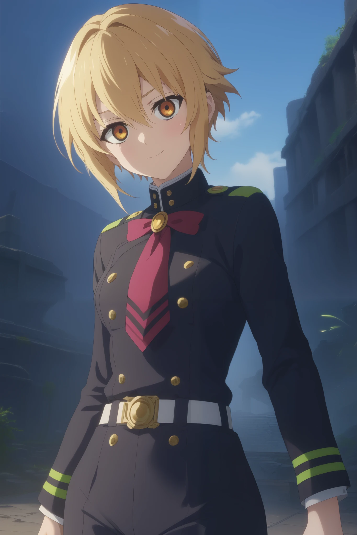 score_9, score_8_up, score_7_up, source_anime,  intricate details , (3d:0.4), ,  1 girl fights,  blonde , solo, female focus, светло-yellow hair,  amber eyes,  big amber-colored eyes ,  short blond hair ,  Hair between eyes,  sci-fi space opera, short bob hair , bangs, yellow hair, smile, blushed, black uniform, Breasts,  thin waist,  slender legs , trousers
Background :  house ruins , закат, sky, silvery clouds , dust