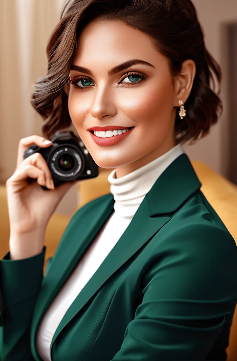 (Masterpiece, best quality, ultra realistic,32k, RAW photo, detail skin, 8k uhd, dslr, high quality, film grain:1.5),1girl, pants, portrait, short bob hair, looking at viewer, smile, black hair, long sleeves, business suit, old face, sitting on couch in living room,, jewelry, flower, earrings, black eyes, realistic, cinematic