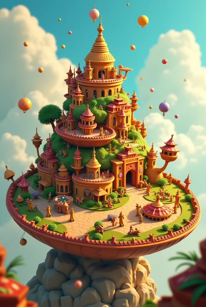 A small village, a big plate, village based on big thaali, plate is magical, images in 3d cartoon 