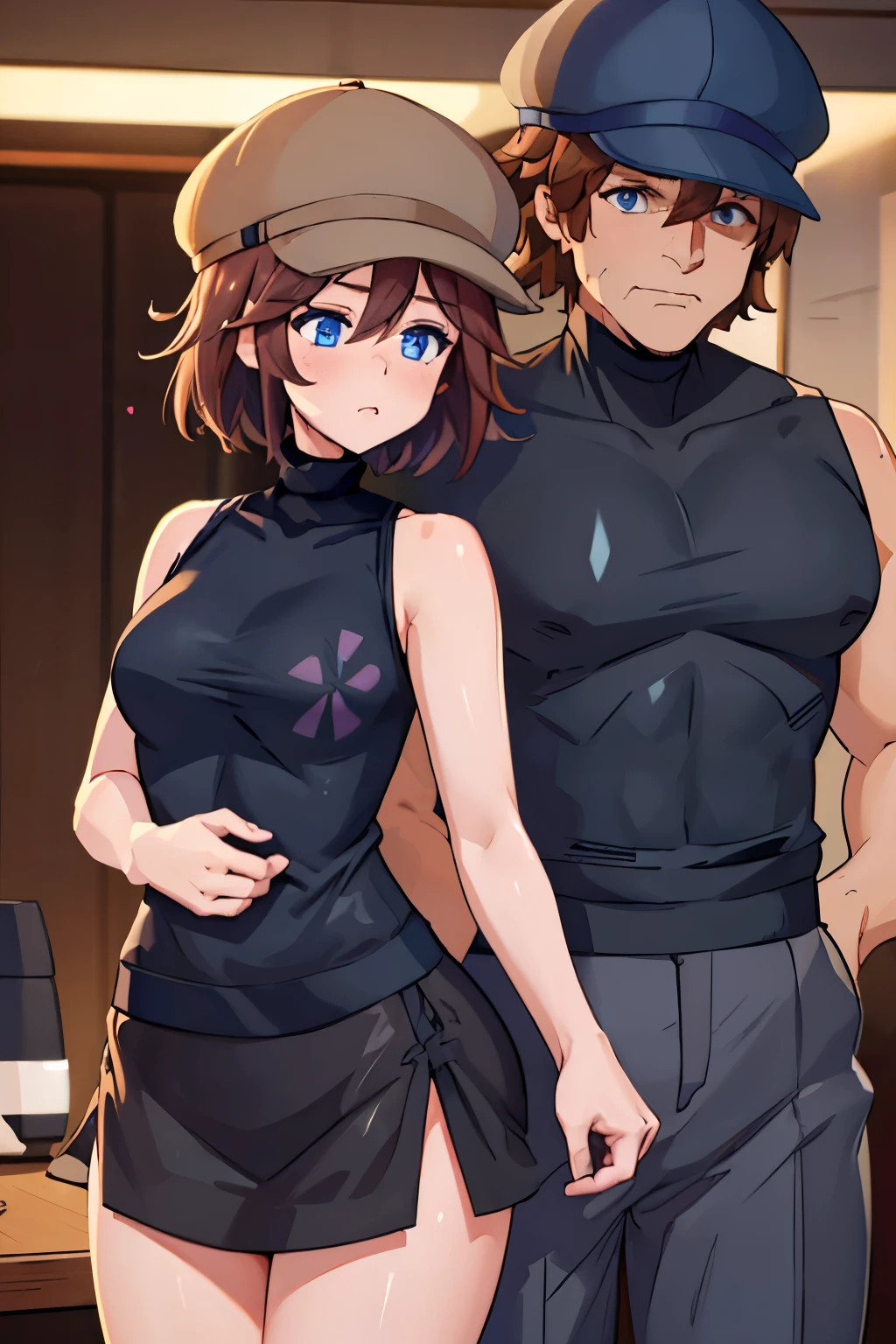 ((masterpiece, best quality)), 1girl, Hilbert (\pokemon\), large breasts, arms outstretched, black pants, brown hair, jacket, (blue jacket), brown eyes, baseball cap, short hair, wide eyes, round eyes, thick thighs, :O, O_O, flustered, ((surprised)), shocked, ((wide eyed)), android, short hair, (big eyes:1.5), blush, smoke, android, mechanical parts, sparks, ((cross-eyed)), ((constricted pupils)),