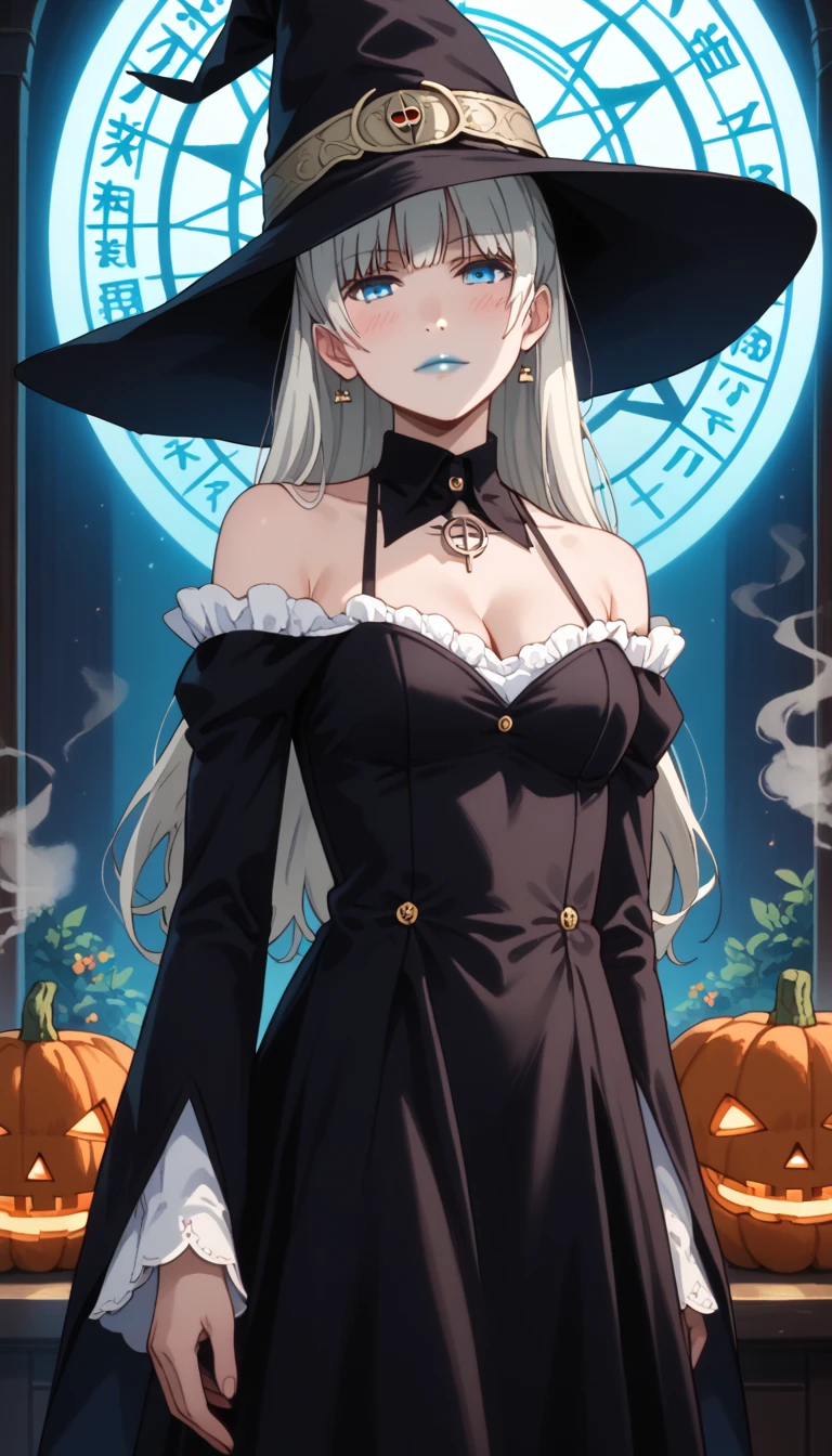 Score_9, score_8_up, score_7_up, score_6_up, source_anime, rating:general, 1girl, kirari momobami, white hair, long hair, sultry look, blush, pale white skin, witch, hat, witch hat, dress, halloween, halloween costume, jewelry, stunning blue eyes, blue lipstick, colored contacts, perfect face, medium sized breasts, cleavage, exposed shoulders, smoke, summoning circle, dark woods, solo, masterpiece, 8k quality, vivid colors, perfect lighting, perfect shadowing, gazing at viewer lustfully 