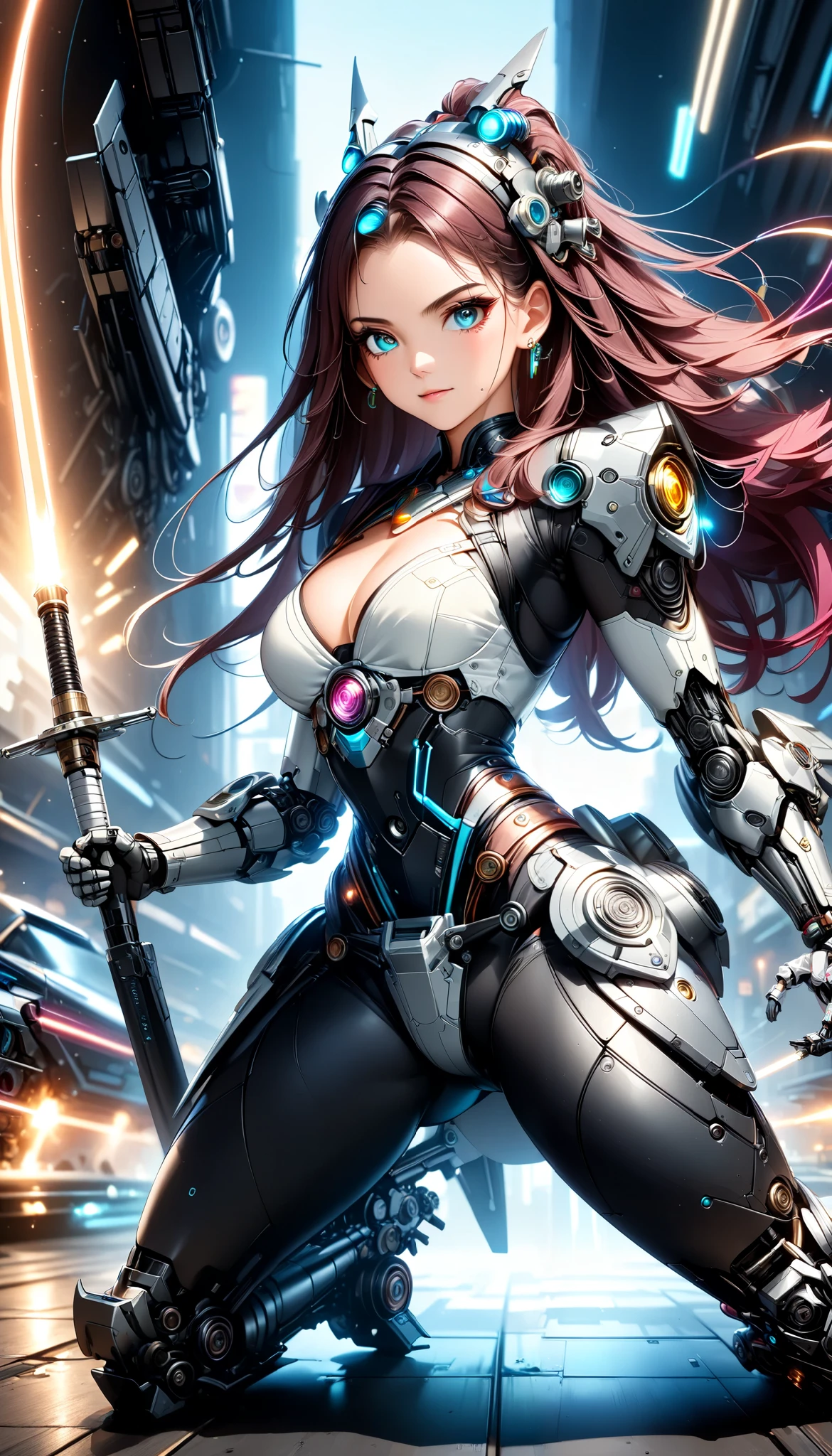  detailed and very realistic robot woman , 1girl, ((Holding a saber in one hand,  action pose,  dynamic battle scene )),  beautiful finely drawn eyes ,  beautiful finely drawn lips ,  very detailed face ,  long eyelashes, (( headgear , goggles,  manipulator )), Metallic skin, Futuristic,  dark atmosphere,  glowing neon cyberpunk implants,  intricate mechanical details ,  Complex Machines , Complex Circuits,  dynamic poses in a crowded store, Dramatic lighting,  retro future of advanced vehicles,  brightly colored ,  dutch angle, (( Anime Style,  neon pop style :1.2, Detailed CG illustration)),  super detailed ,  studio lighting ,  intricate details , ( top quality , 4K, 8k, High Resolution, masterpiece:1.2).