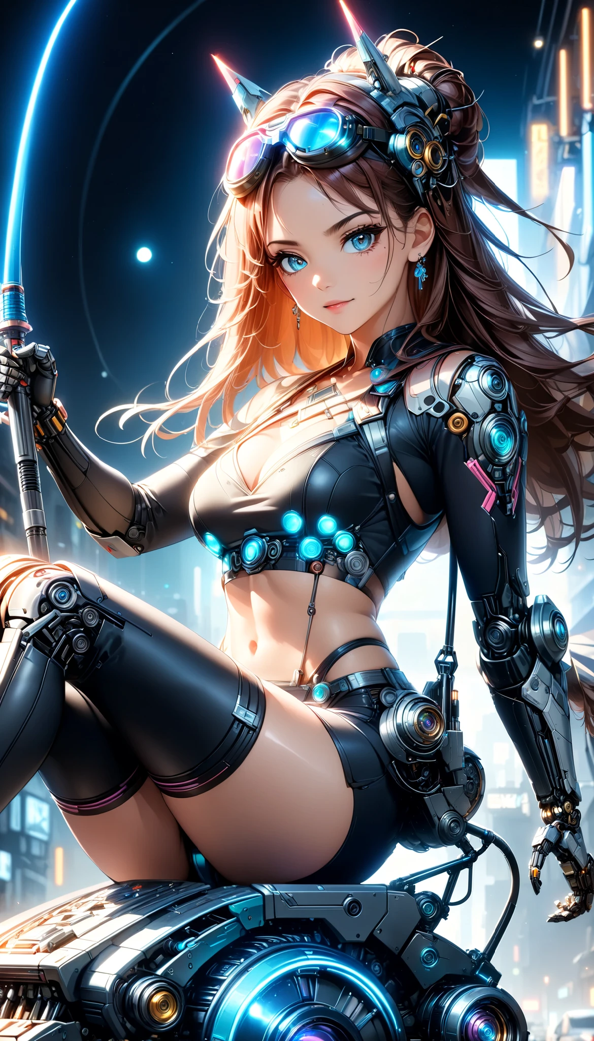  detailed and very realistic robot woman , 1girl, ((Swing a saber with one hand,  action pose,  dynamic battle scene )),  beautiful finely drawn eyes ,  beautiful finely drawn lips ,  very detailed face ,  long eyelashes, (( headgear , goggles,  manipulator )), Metallic skin, Futuristic,  dark atmosphere,  glowing neon cyberpunk implants,  intricate mechanical details ,  Complex Machines , Complex Circuits,  dynamic poses in a crowded store, Dramatic lighting,  retro future of advanced vehicles,  brightly colored ,  dutch angle, (( Anime Style,  neon pop style :1.2, Detailed CG illustration)),  super detailed ,  studio lighting ,  intricate details , ( top quality , 4K, 8k, High Resolution, masterpiece:1.2).