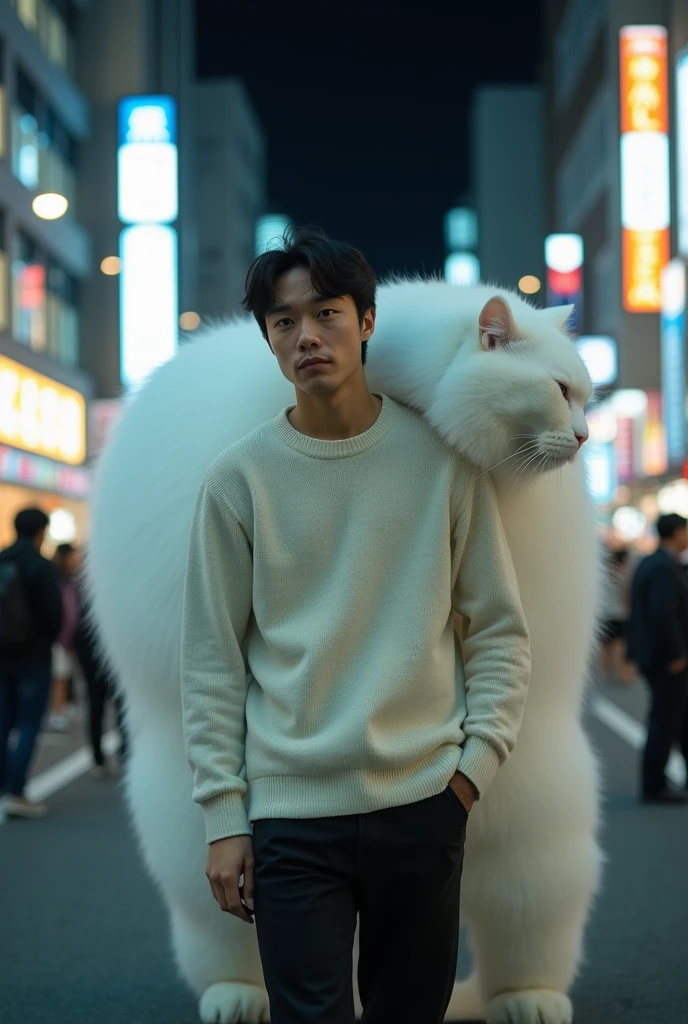 A man,  behind him is a huge tall giant white cat sleeping on the street outweighing the man in front of him, man's face looking at the camera , A man memakai sweater cream,  black jeans , while in tokyo ,  night atmosphere,  more detailed and real photos ,  super realistic quality , photographers, ralists.