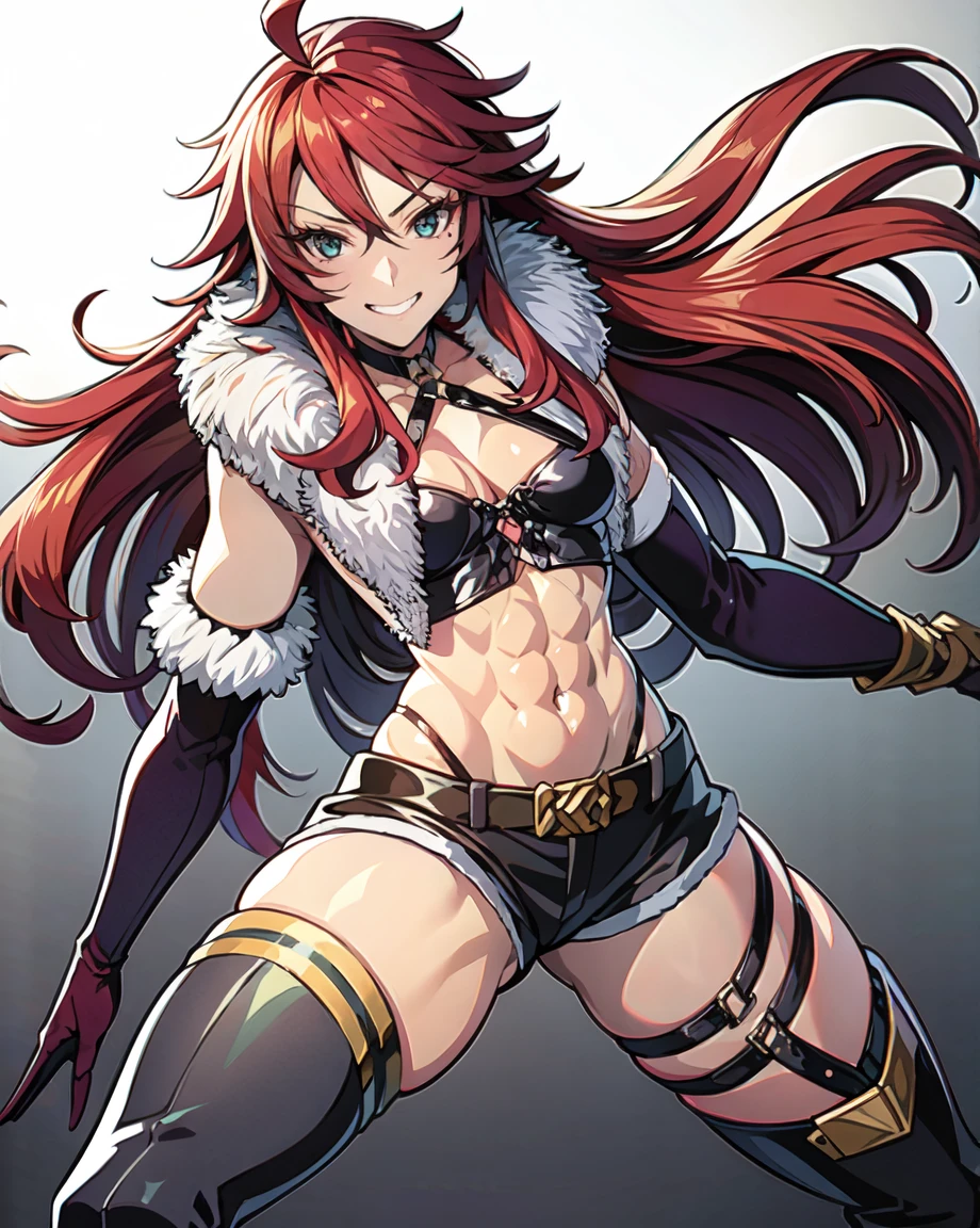 adult woman, mature female, adult face, fearless face, sharp face, anime best girl, masterpiece, Highest quality, alone, One person, Fine hand, Detailed lighting, High resolution, Grin, Aqua Eye, Shirley Orlando, Redhead, Ahoge, Long Hair, Medium chest, Green tattoo, choker, Fur coat, Fur trim, O-ring, Leather tops, Cleavage, Stomach, belly button, gloves, Black shorts, belt, Thigh-high boots, Fur with Elbow gloves, messy hair, gleaming skin, oil skin, shiny skin, super detailed skin, straight hair, abs, gleaming skin, oil skin, shiny skin,