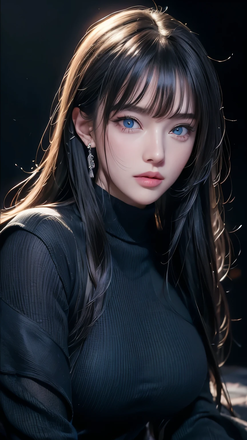 masterpiece, highest quality, Super detailed, Facing the camera, Super detailed, Realistic, Sharp features, Very detailed, Sharp focus, Perfect Face, Perfect Face, Perfect symmetrical perfect eyes, Perfect Plump Lips, Flexible female form, Cinematic, Film Light, Super detailed, hyper Realistic, masterpiece, Atmospheric, High resolution, Vibrant, Dynamic Studio Lighting, ((Dark Background)), The expression when enduring pleasure, Straight bangs, blue eyes,Black sweater, Cowboy Shot,turtleneck、first round、Sexually aroused expression、Accessories on the chest、Clothes with cuts