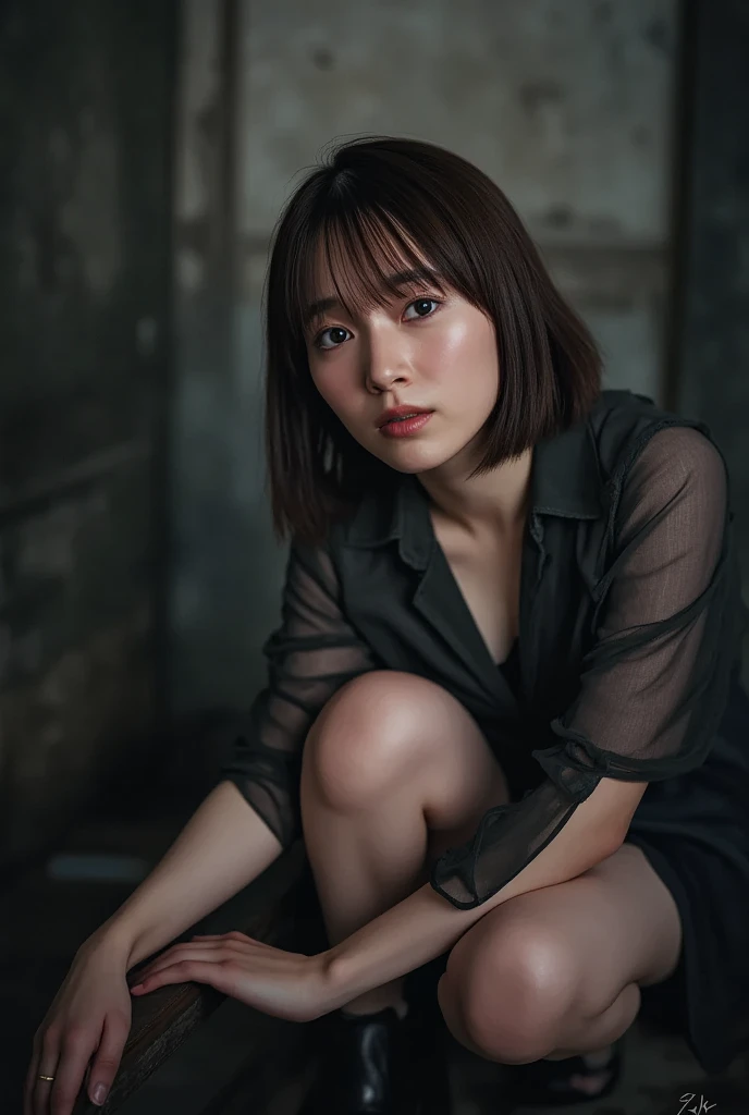 (( 1 girl)), woman, masterpiece,  top quality ,  top quality ,  Cinematic Lighting, ( volumetric lighting ),  very detailed CG unity 8k wallpaper, Concentrated, 8k wallpaper,  very detailed,  super real ,  photorealistic,  Sharp Focus,  absurd, ( high res:1.2), ( High Contrast ),  unvolume , Detailed and complex,  instagram,  Portrait,  very detailedな,  digital painting, ((( low angle shot、Biologically correct images、Stare at the dark brown medium hair color  :1.22,   lean forward  , loose open shirt 、   no underwear)))