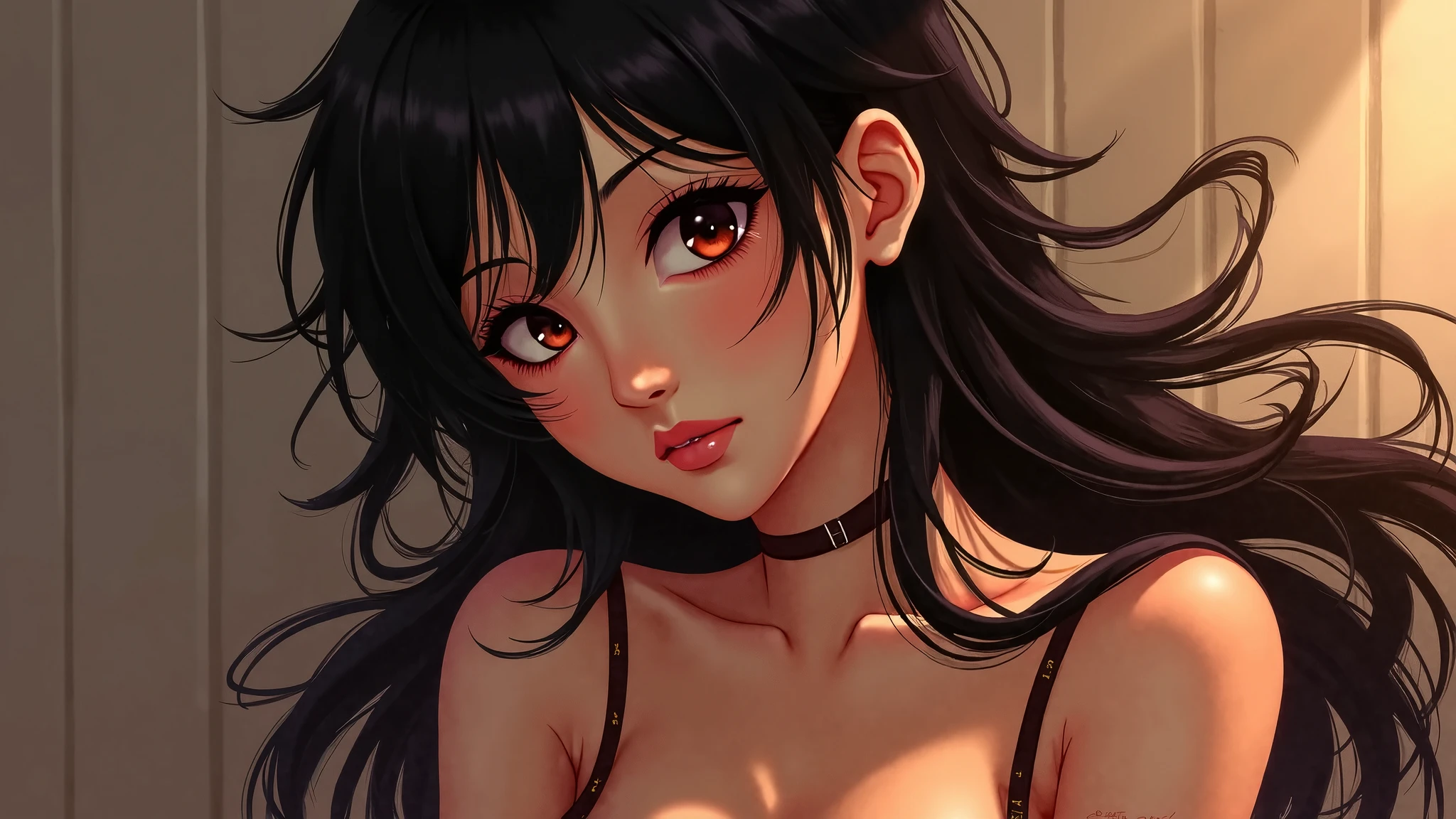 (masterpiece:1.2, best quality1:1, ultra-detailed:1.2, best shadow, 8k:1.1), (contrasting background, plain white background), (beautiful detailed face), colorful, hyper detail, dramatic light, intricate details, (1 girl, solo, black hair, soft face, messy long hair:1.2, wavy hair:1.1, white eyes, black retina, glowing eyes, dynamic angle, highschool outfit, schoolgirl, upper body:1.2), (eye focus:0.9), (beautiful eyes), (center focus:1.2), depth of field, dark purple particles, makeup, dark red lipstick, dark red eyeshadow, hyperdetail makeup, hyperdetail lipstick, hyperdetail eyeshadow, japanese girl