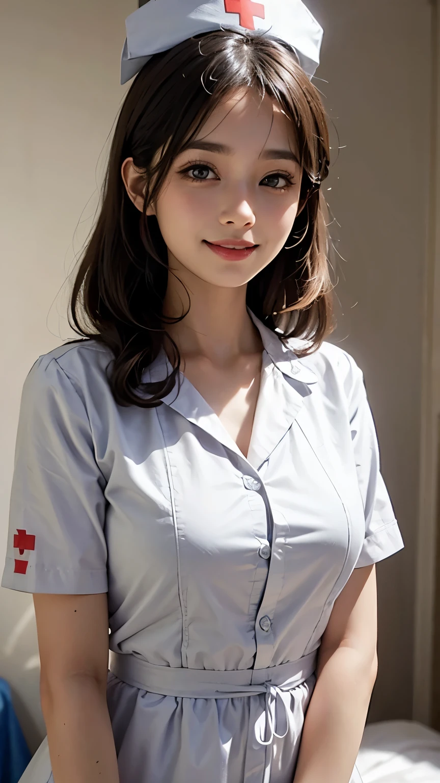 masterpiece:1.5, best quality, 1 girl, solo, standing, nurse:1.5, nurse cap, smile, hospital room, close up