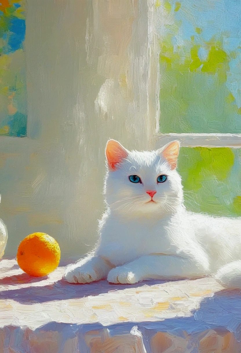 High Saturation，Texture oil painting，Light and Shadow，粗糙的笔触和纹理：A white cat on the table。 粉彩风格绘画 , Summer afternoons