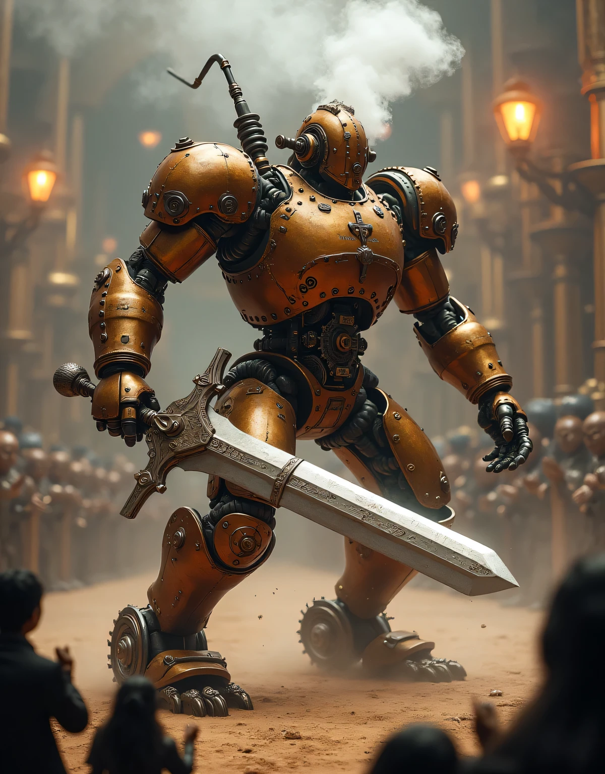 A Robot Gladiator features a bronze and copper body adorned with exposed gears, pipes, and rivets, with puffs of steam escaping from its joints. It wields a massive steam-powered greatsword, with intricate engravings and a chain-driven mechanism, standing in a Victorian-inspired battle arena. The arena is illuminated by warm gaslight lamps, with towering brass structures and spinning machinery in the background, an audience of shadowy Victorian-era figures cheers from the stands. The atmosphere is gritty, mechanical, and intense. Highly detailed, steampunk aesthetics.