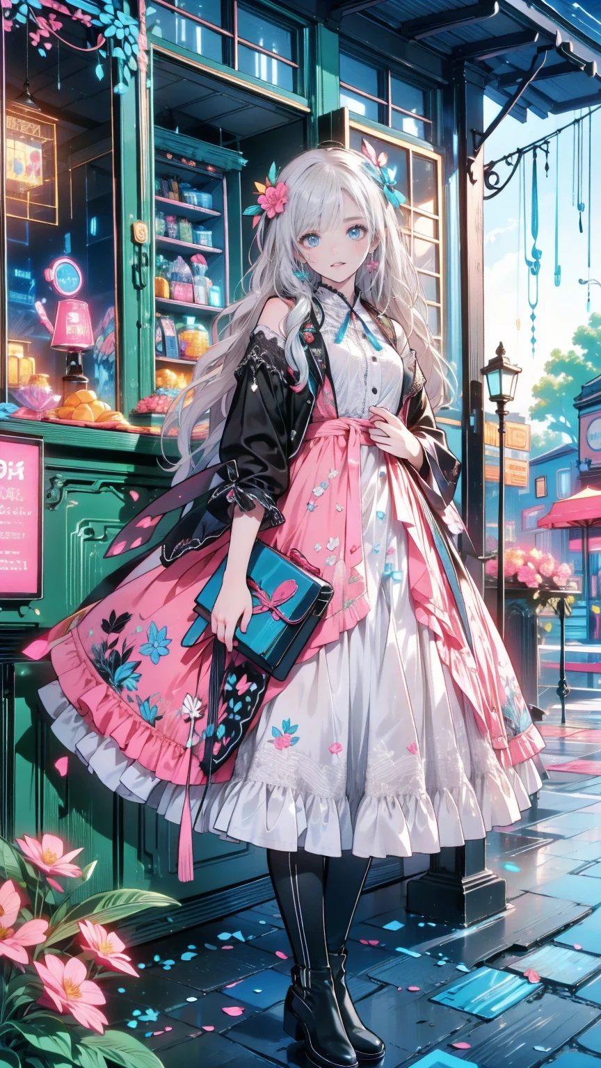 ( masterpiece : 1.2), (  very detailed: 1.2), (  very detailed CG: 1.2), (  high image quality: 1.2), (最  high image quality), 8k,  animated illustration  , 、  beautiful girl 、とても  cute天使、  pink gothic dress 、  cute、、smile、  long skirt、  Black Long Boots  、  grey pink pants ，Turquoise Eye，  cute女性 ，street，  Candy Store  ， sign，European Buildings，slate paved  ，Rose flower，
