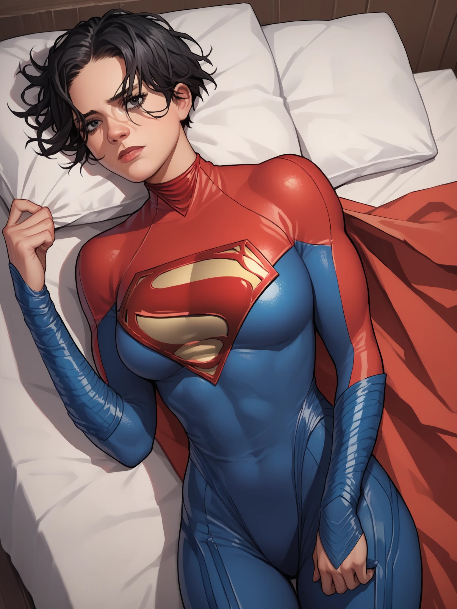 score_9, score_8_up, score_7_up, score_6_up, source_anime, BREAK, SupergirlTFXL, black eyes, black hair, short hair, curtain hair, medium breasts, superhero, red cape, bodysuit, red bodysuit, blue bodysuit, solo, lying on bed, looking at viewer, indoors 